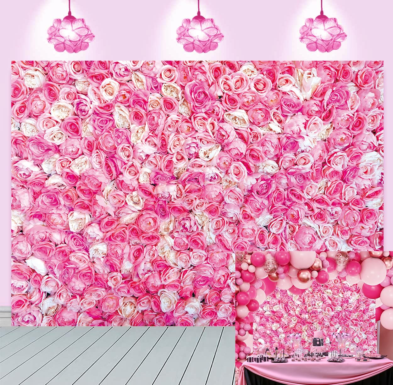 Pink Rose Flowers Wall Backdrop Happy Mother's Day Pink Floral Spring Tea Party Photography Background Princess Girls Women Birthday Wedding Bridal
