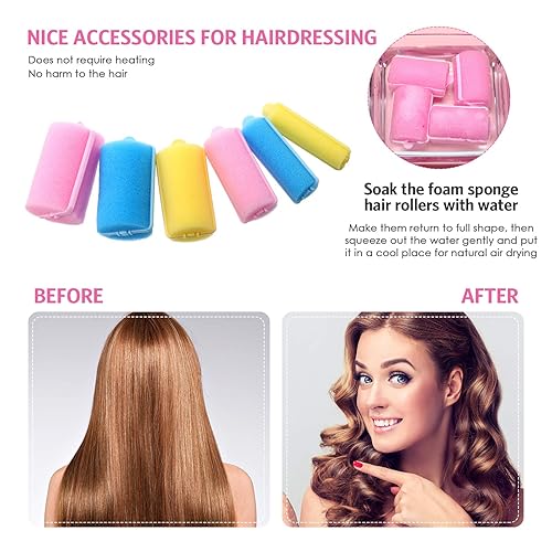 Miniatura 5 de 56 rodillos de esponja de espuma, rizador de pelo suave para dormir, varios tamaños, rizador de esponja flexible con peine de cola de rata de acero
