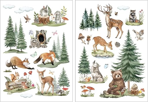 Joeyan Rub on Transfers for Crafts and Furniture, Large 2 Sheets | Forest Animal Transfer Decals Stickers with Pine Tree, DIY Craft for Fabric Wood Ceramic Glass Plastic, For Home Office