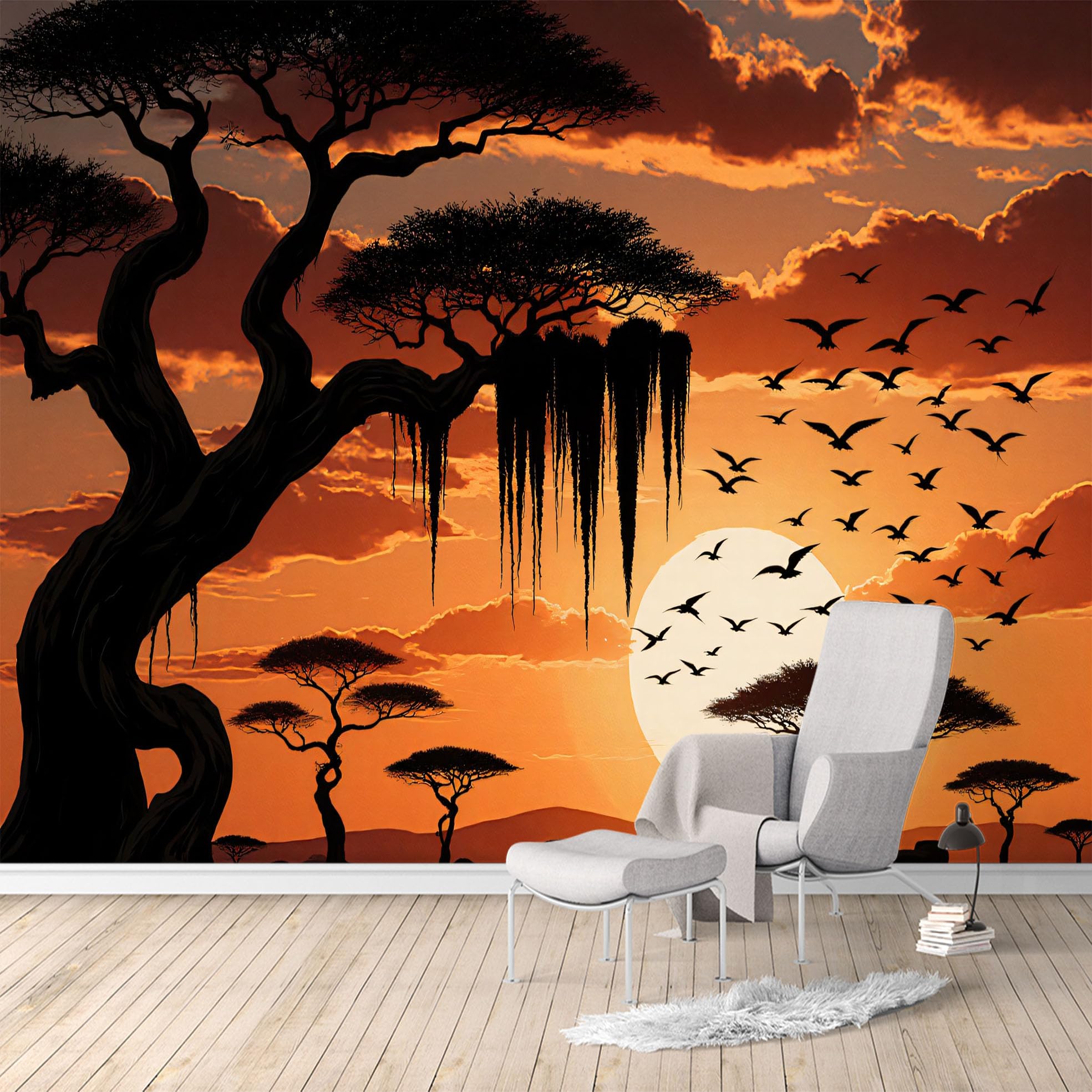 Custom Size Wall Murals, African Savannah Sunset Acacia Trees Birds Landscape, Removable Self Adhesive Large Wallpaper Mural for Living Room Bedroom Office Home Decor