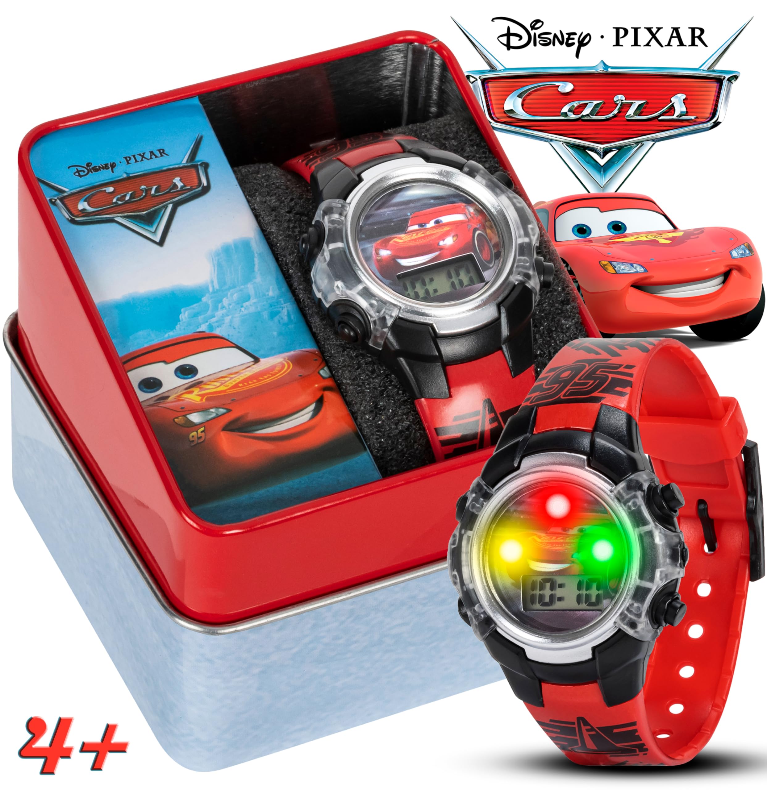 Disney Pixar Cars - Orologio per bambini con quadrante lampeggiante, display LCD, cinturino in plastica regolabile, perfetto per ragazzi e ragazze, Rosso, Automobili
