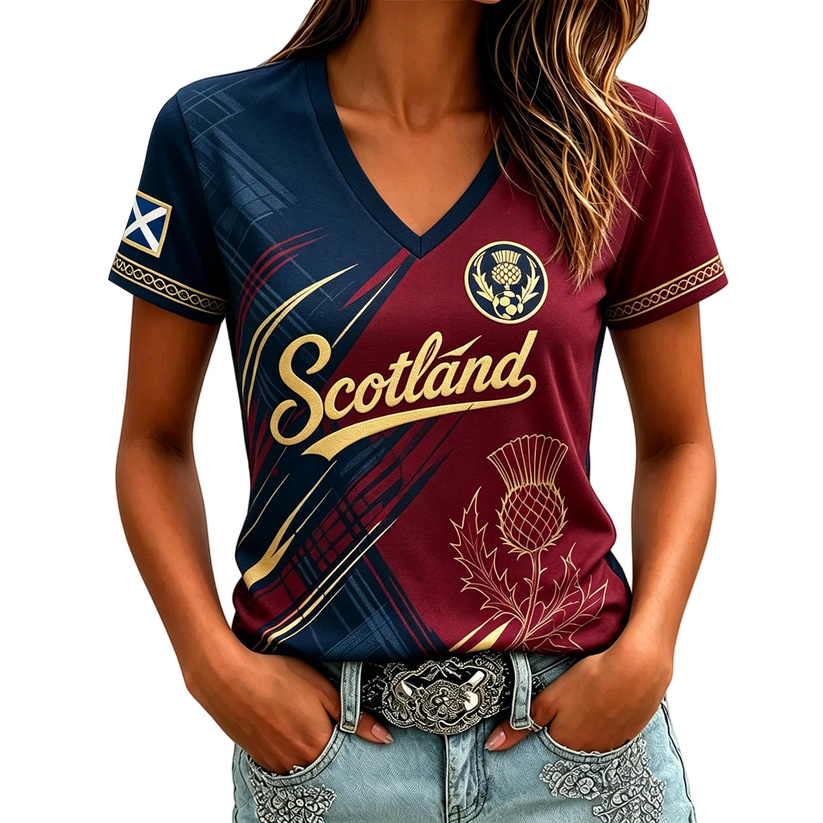 Scotland Football Shirt Womens World Cup 2026 Short Sleeve Jersey Retro Graphic Printed V-Neck England Football Fan Top Ladies Scotland T-Shirt Lightweight Breathable Summer Training Sports Clothing
