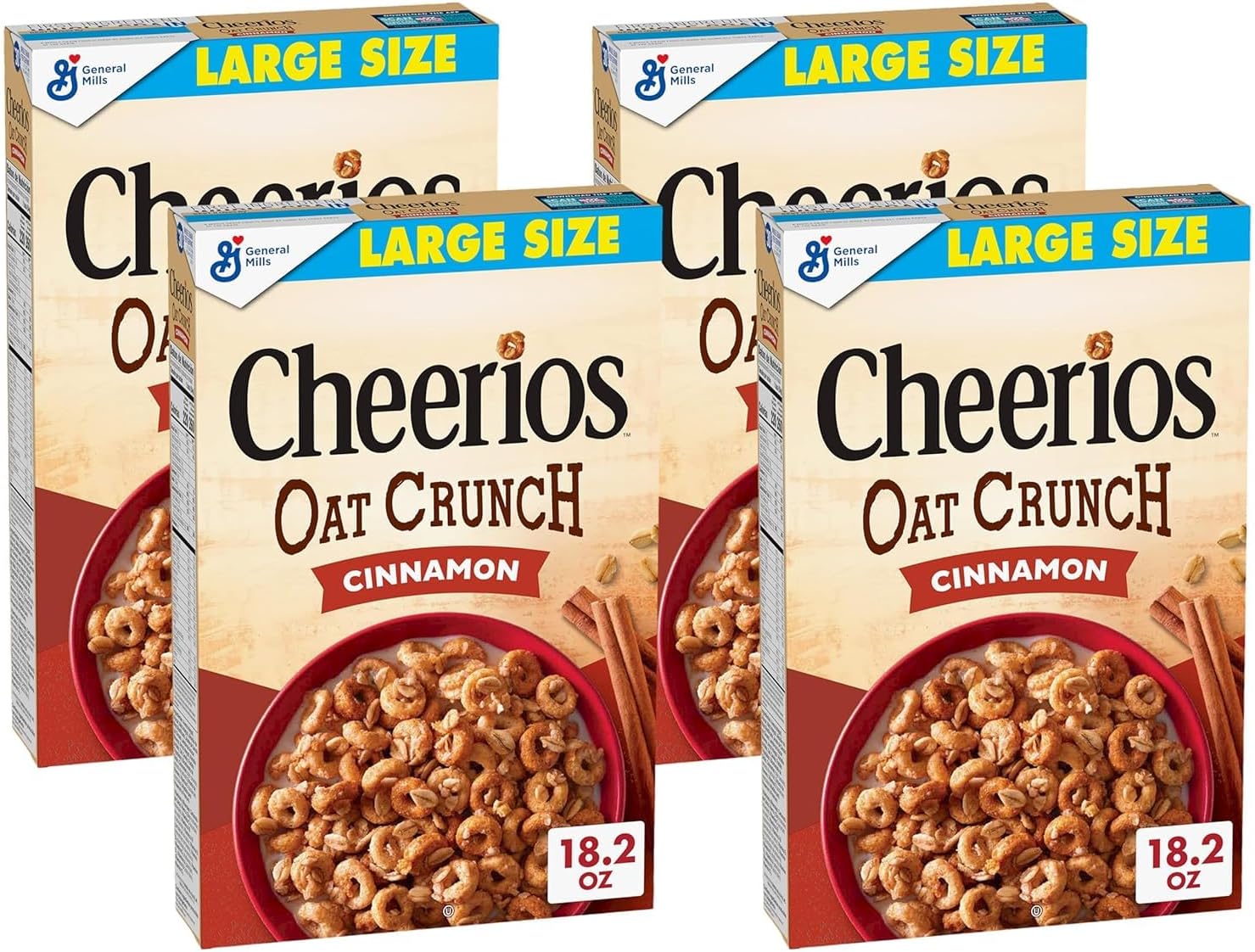 Cheerios Oat Crunch Cinnamon Oat Breakfast Cereal, Large Size, 18.2 oz (Pack of 4)