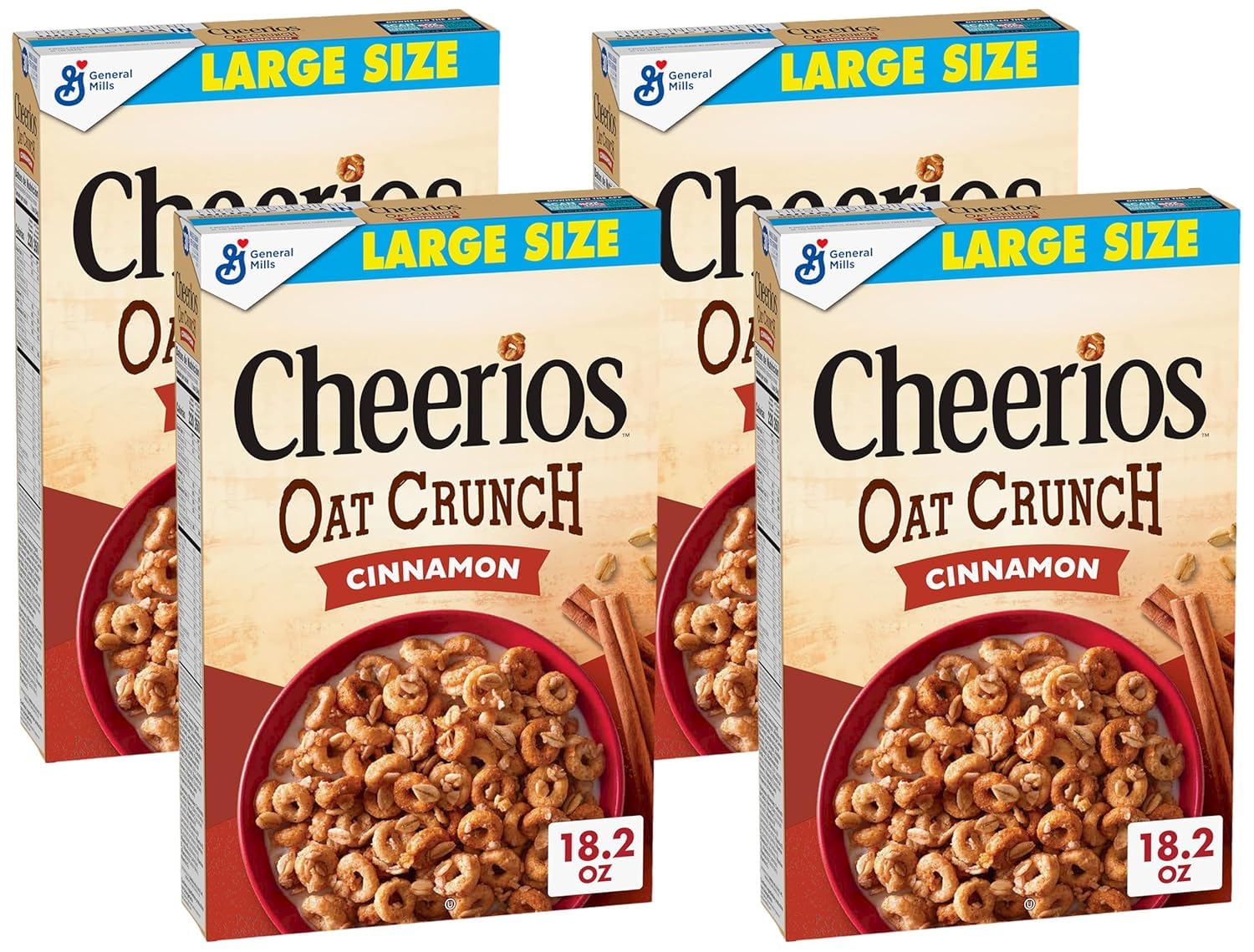 Cheerios Oat Crunch Cinnamon Oat Breakfast Cereal, Large Size, 18.2 oz (Pack of 4)