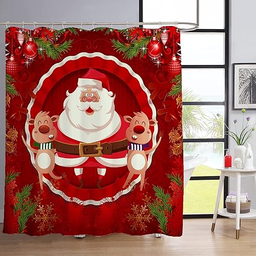 Miniatura 2 de ArtSocket Juego de 4 cortinas de ducha con diseño de reno rojo de Papá Noel, Navidad, con alfombras antideslizantes, cubierta para tapa de inodoro y