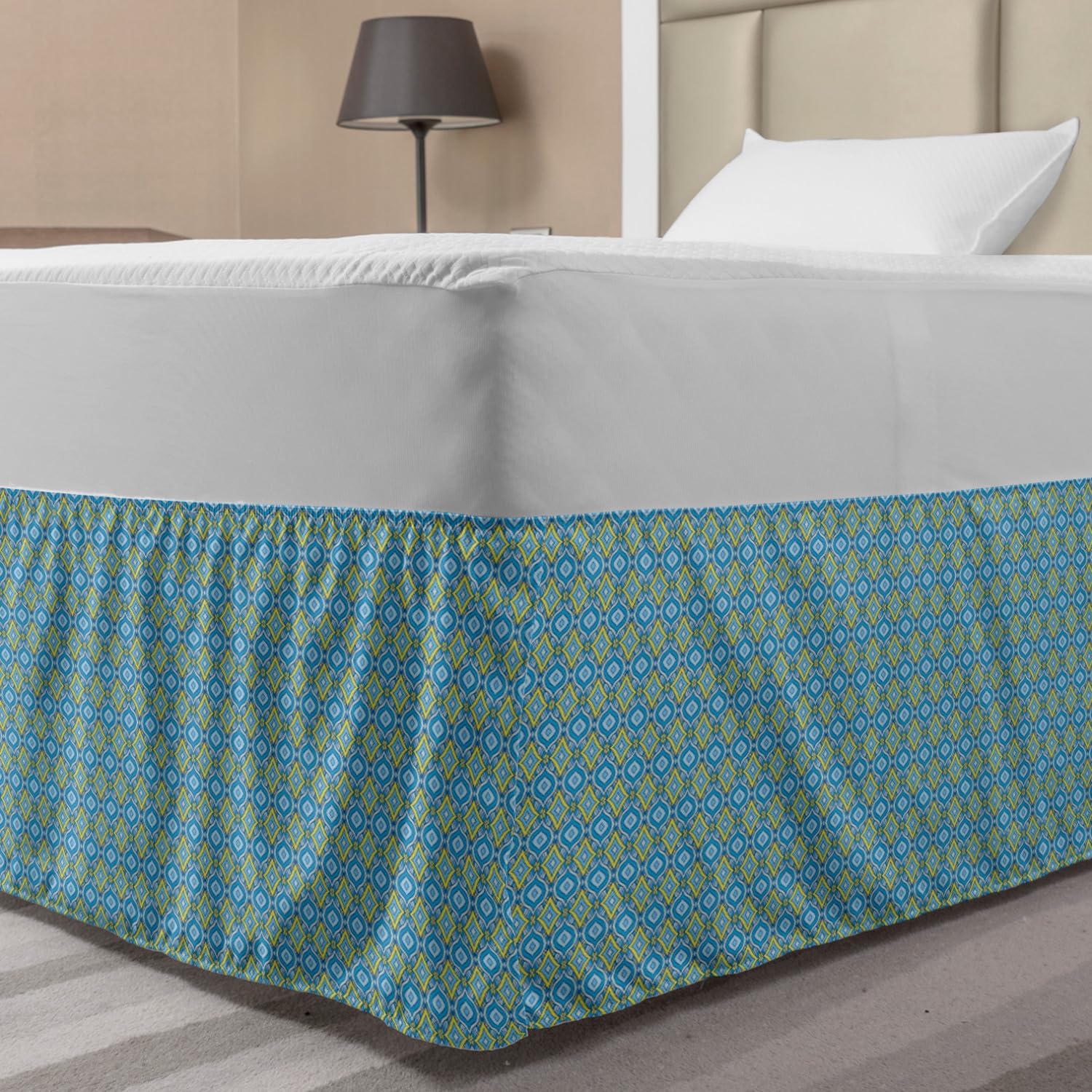 Lunarable Yellow and Blue Bed Skirt Hand Drawn Abstract Ornament Rhombus Shapes Mosaic Vintage Elastic Bedskirt Dust Ruffle