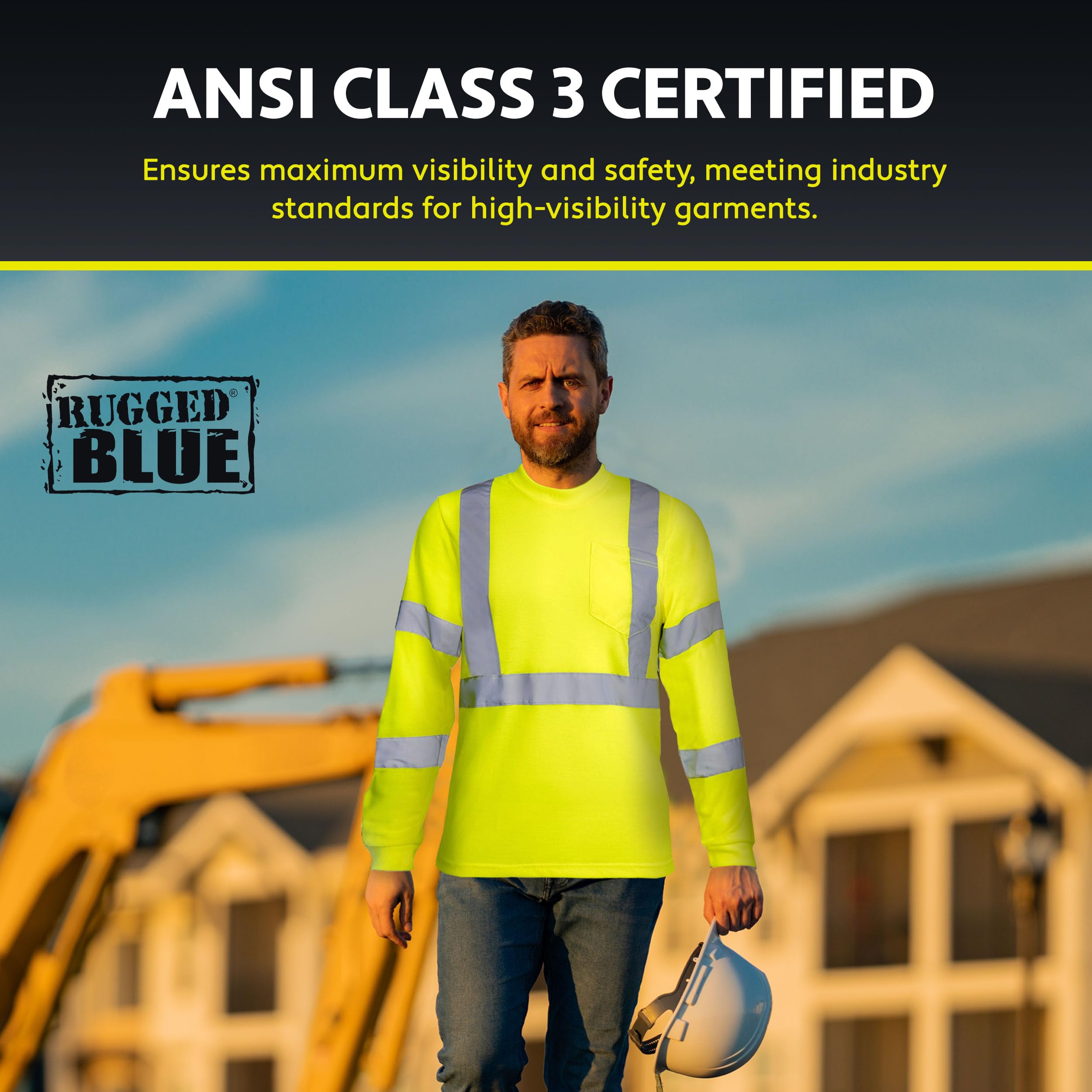 RUGGED BLUE Moisture Wicking High Vis Long Sleeve Shirt, ANSI Class 3 Rated High Visibility Work Shirt with Reflective Tape, Large