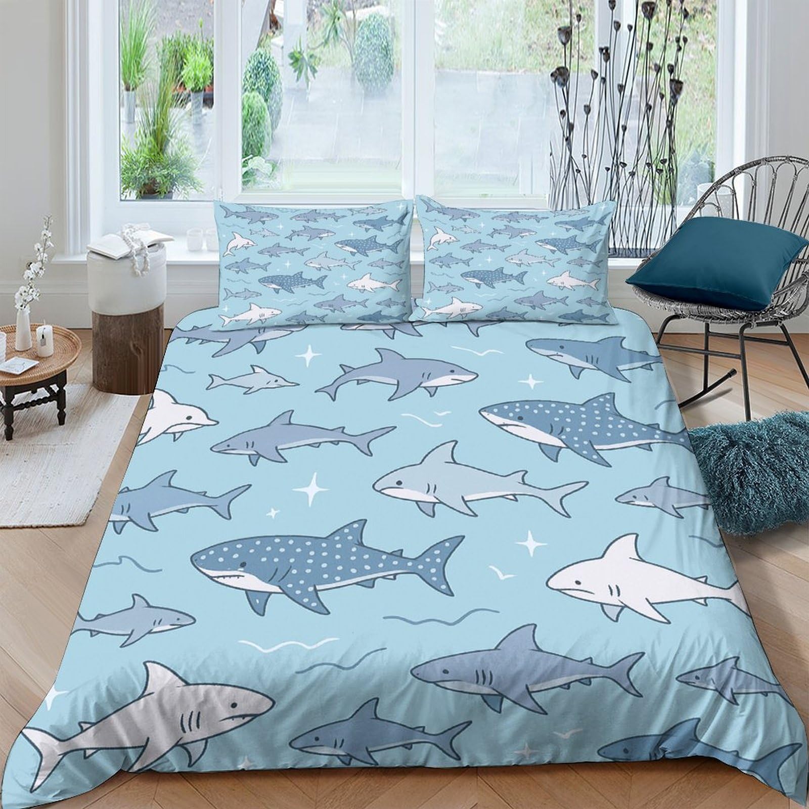 Ctjqhvkz Style-2 3D Printed Blue Shark Ocean Fitted Sheet Microfiber Soft Anti-Slip Fish Bed Cover For Bedroom Dorm Mattress Protection Single（135X200cm）