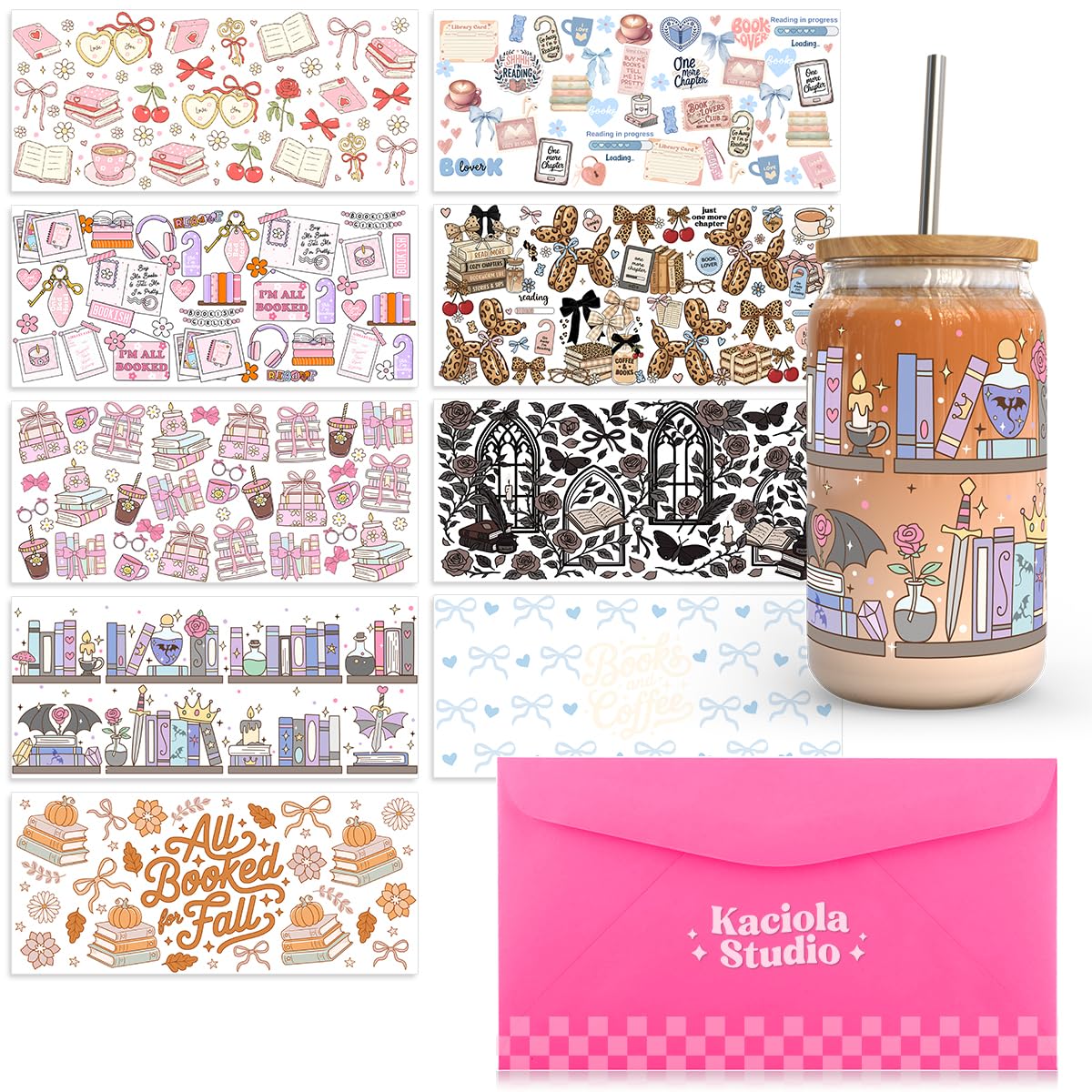 Kaciola 9 Sheets UV DTF Cup Wraps for 16 oz- Bookworm Theme UV DTF Stickers, 1 Sheet Mysterious Pattern Transfer, Rub on Transfers Stickers for 16 oz Libbey Glasses Crafting