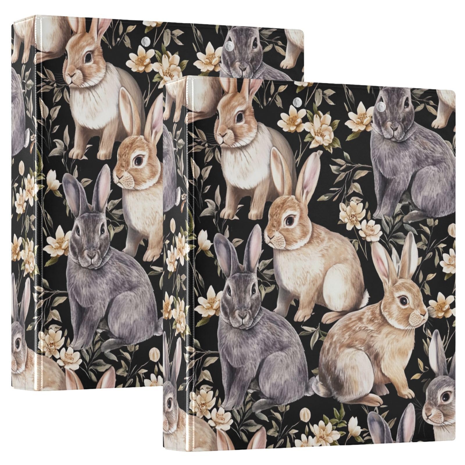Confezione da 2 raccoglitori ad anelli realistici dipinti con conigli, fiori beige, con tasche, grandi, per scuola, università, ufficio
