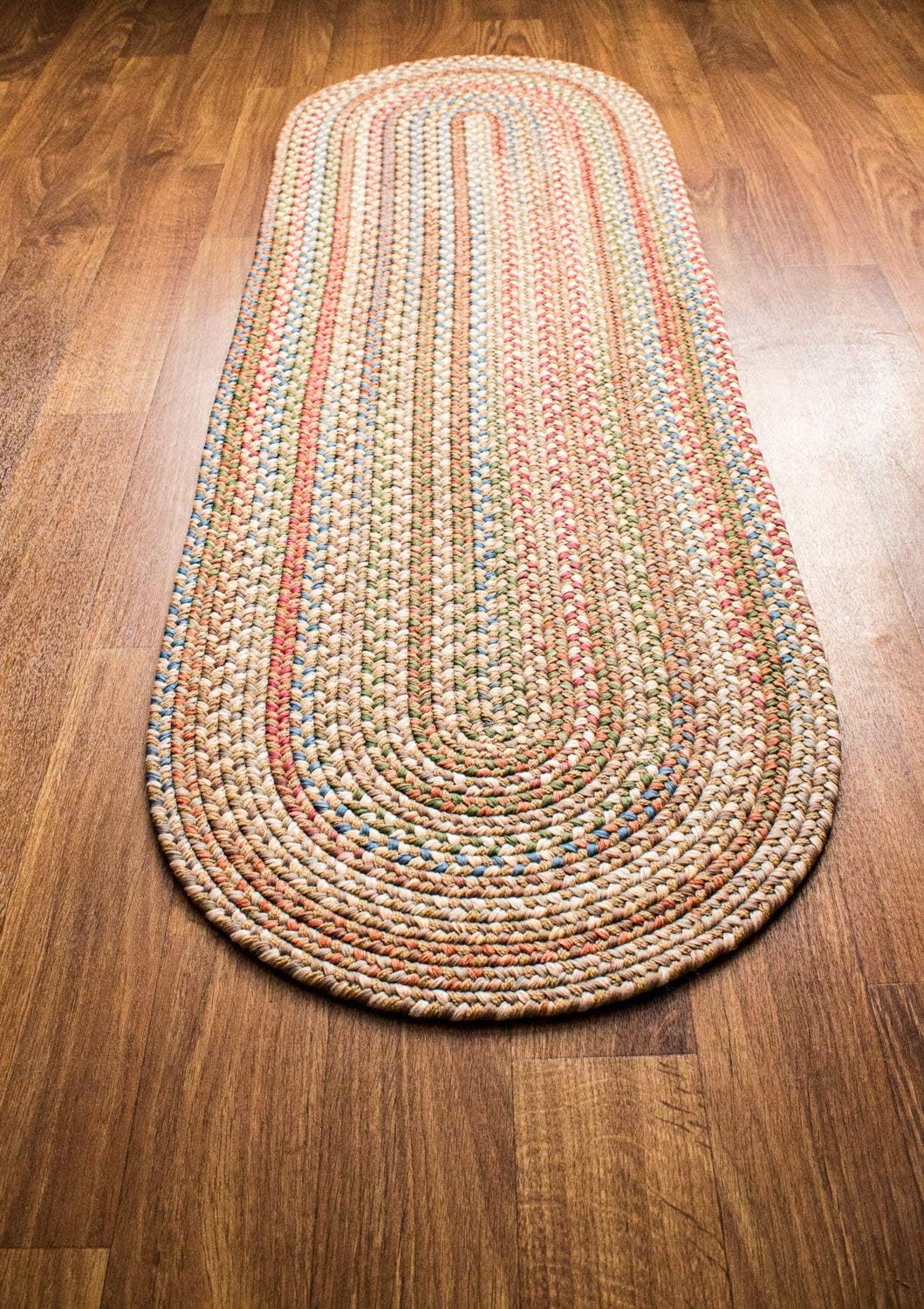 Straw Beige/Multi Braided Rug - 2' X 6' Oval Runner Rugs Kitchens and Entryway - Reversible - Stain Hiding Material - Made in USA