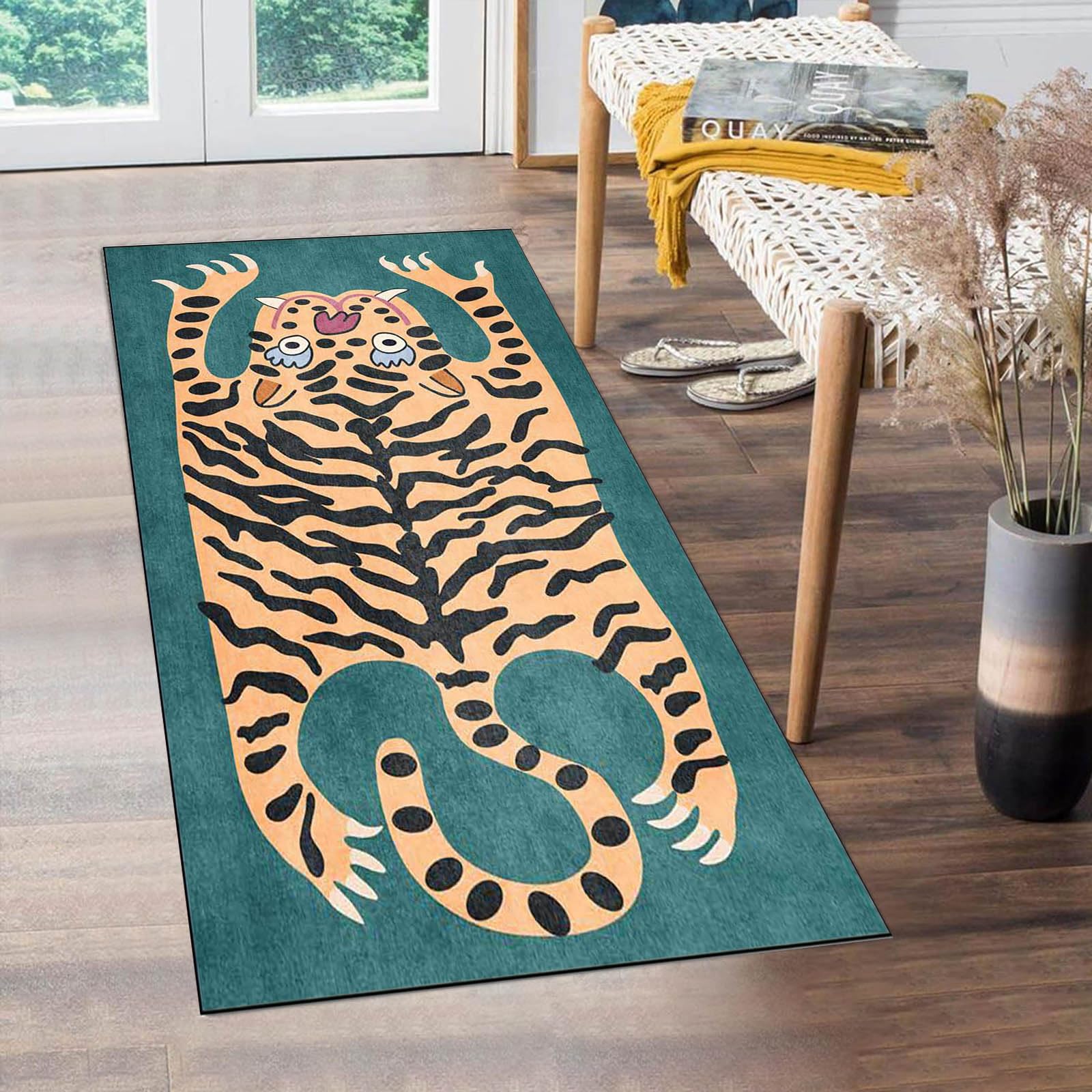 Tiger Hallway Runner Rug 2x5 ft Green Vintage Boho Kitchen Runner Rug Non Slip Entryway Runner Mat Washable Runner Rug for Laundry Room Bathroom