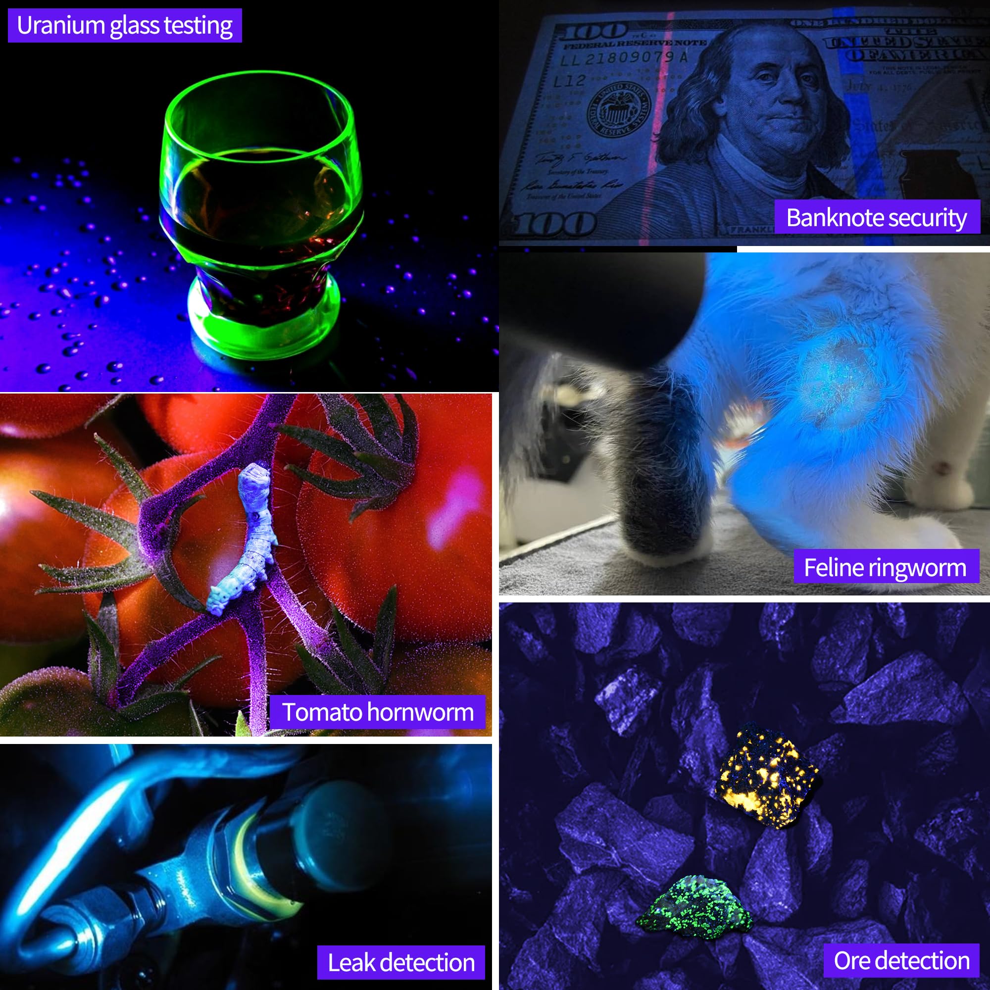 Linterna UV de luz negra de 365 nm, mini potente 3 luces LED ultravioleta, recargable, detector de orina de mascotas para orina de perro/gato, manchas, curado de resina, buscador de rocas