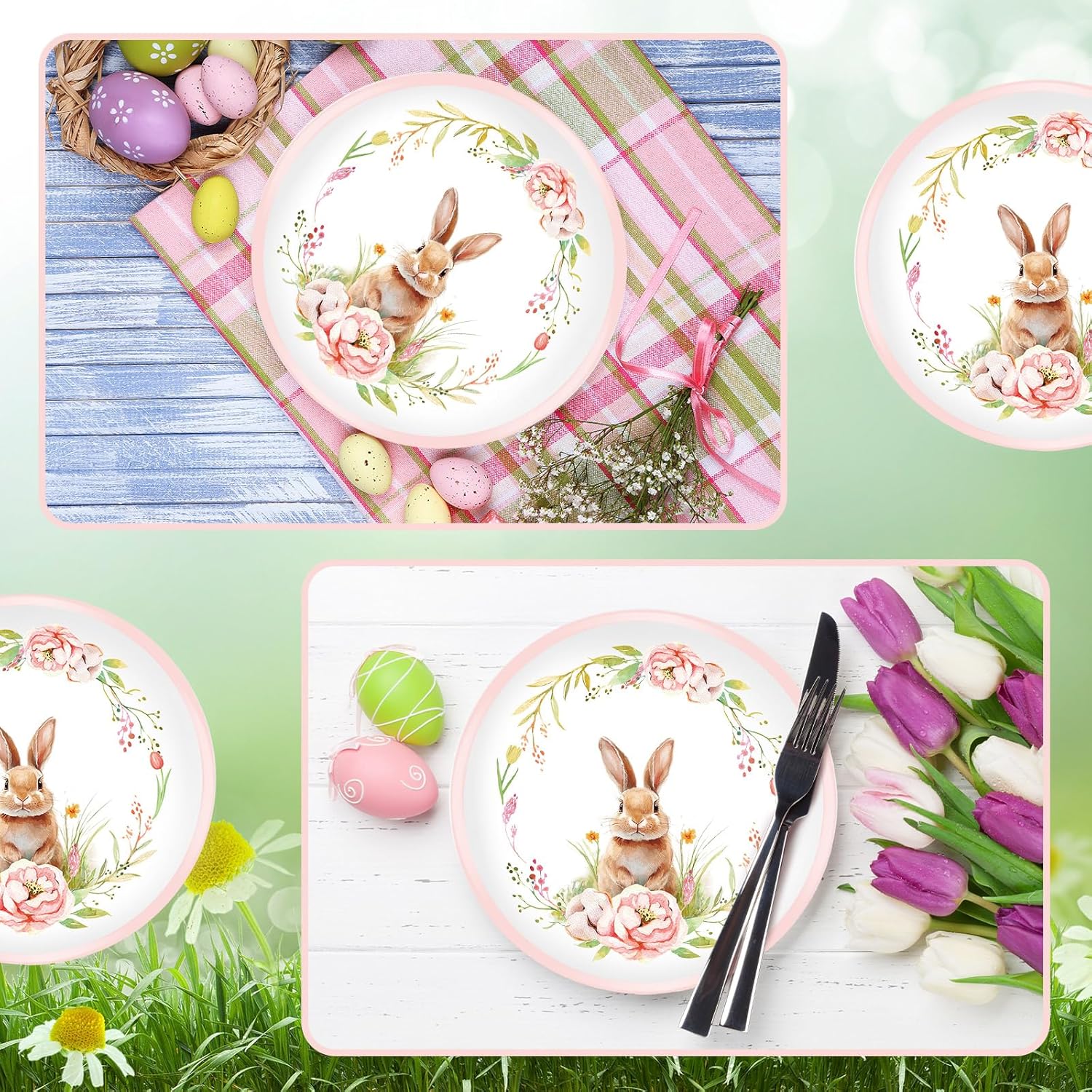 6 Pcs Easter Melamine Plates 8 x 8 Inch Decorative Bunny Plates Reusable Rabbit Tableware for Indoor and Outdoor Spring Easter Party, Perfect for Dessert, Salad, and Dinnerware