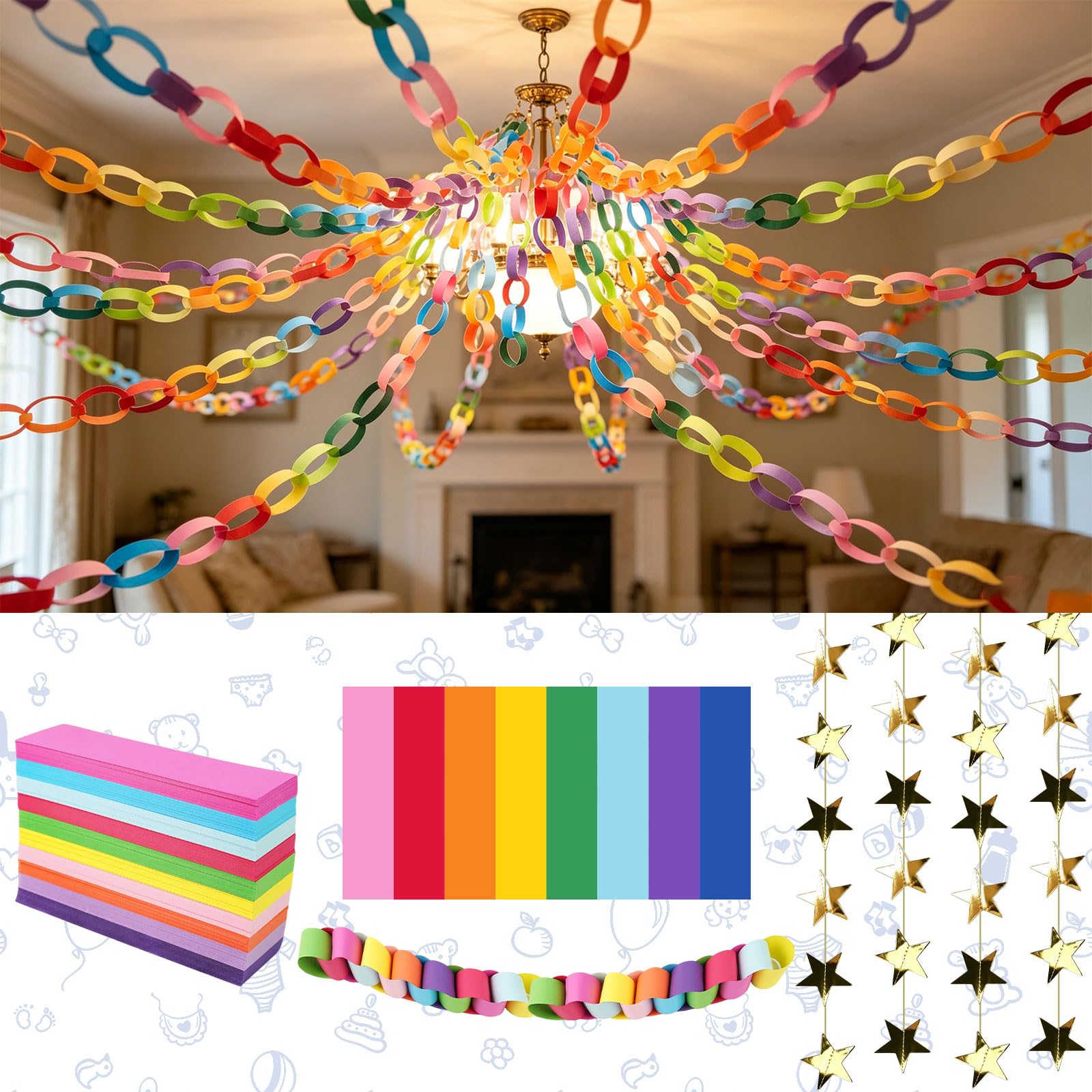 Kit per ghirlanda di carta, 500 pezzi, 10 colori vivaci | Catena di carta fai da te per aula casa, compleanno, matrimonio, festival, decorazione per feste (500, 2,36 x 21,6 cm)