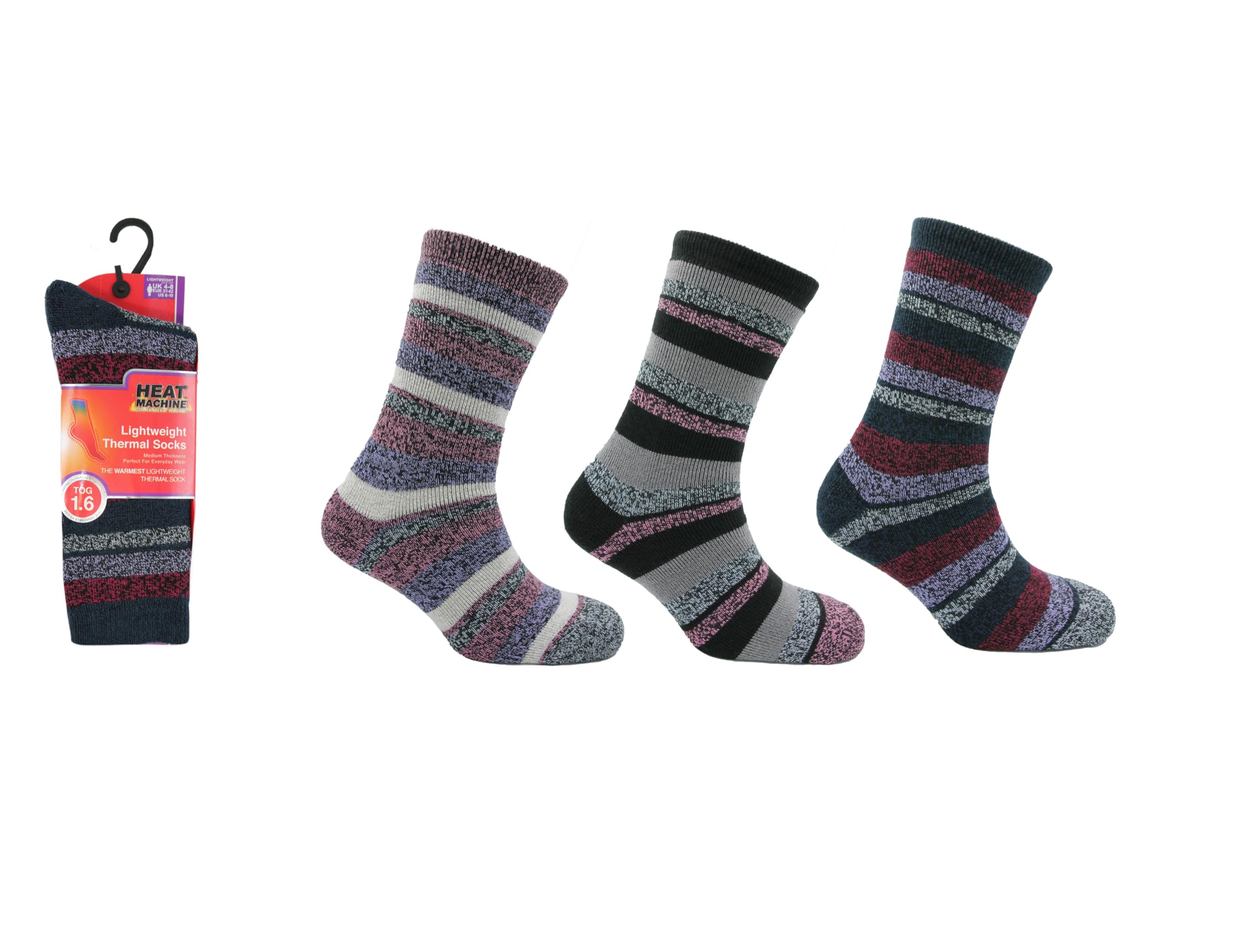 Heat Machine Women's Stripe Thermal Lite Socks 3 Pairs | 1.6 Tog Warm Winter Thermal Socks For | Lightweight, Soft & Cosy Everyday Boot Socks (Uk, Numeric, 4, 8, Regular, Regular, )