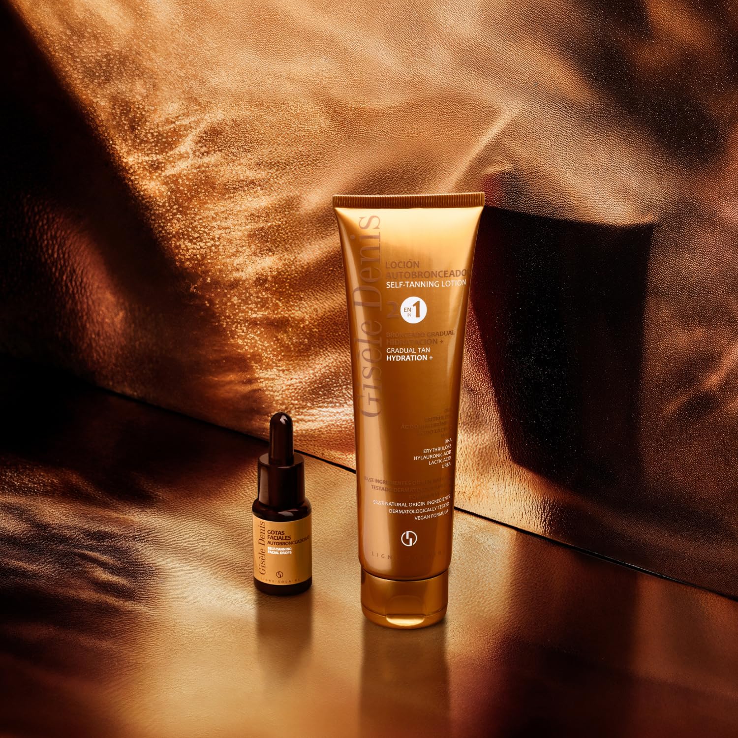 GISÈLE DENIS - Pack Autobronzant, Gouttes Autobronzantes Visage 15 ml + Lait Autobronzant Corps 150 ml, Bronzage Progressif, avec DHA, Érythrulose, Acide Hyaluronique et Arginine, Formule Vegan