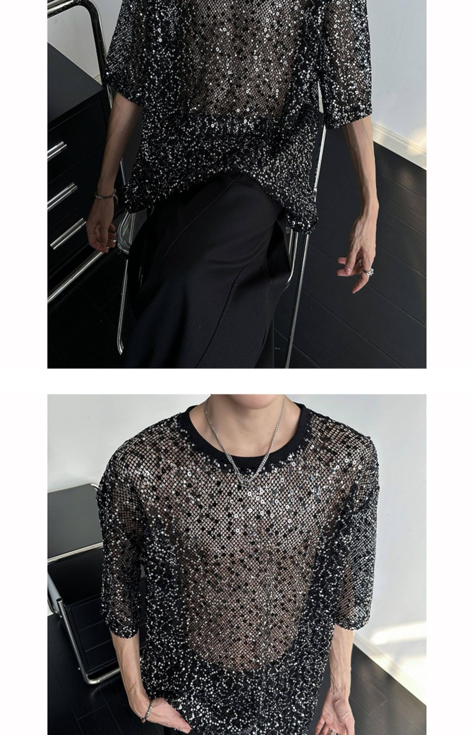 MORISTE Maglietta Uomo Scena con Lustrini, Manica Corta Riflettente Performance Top