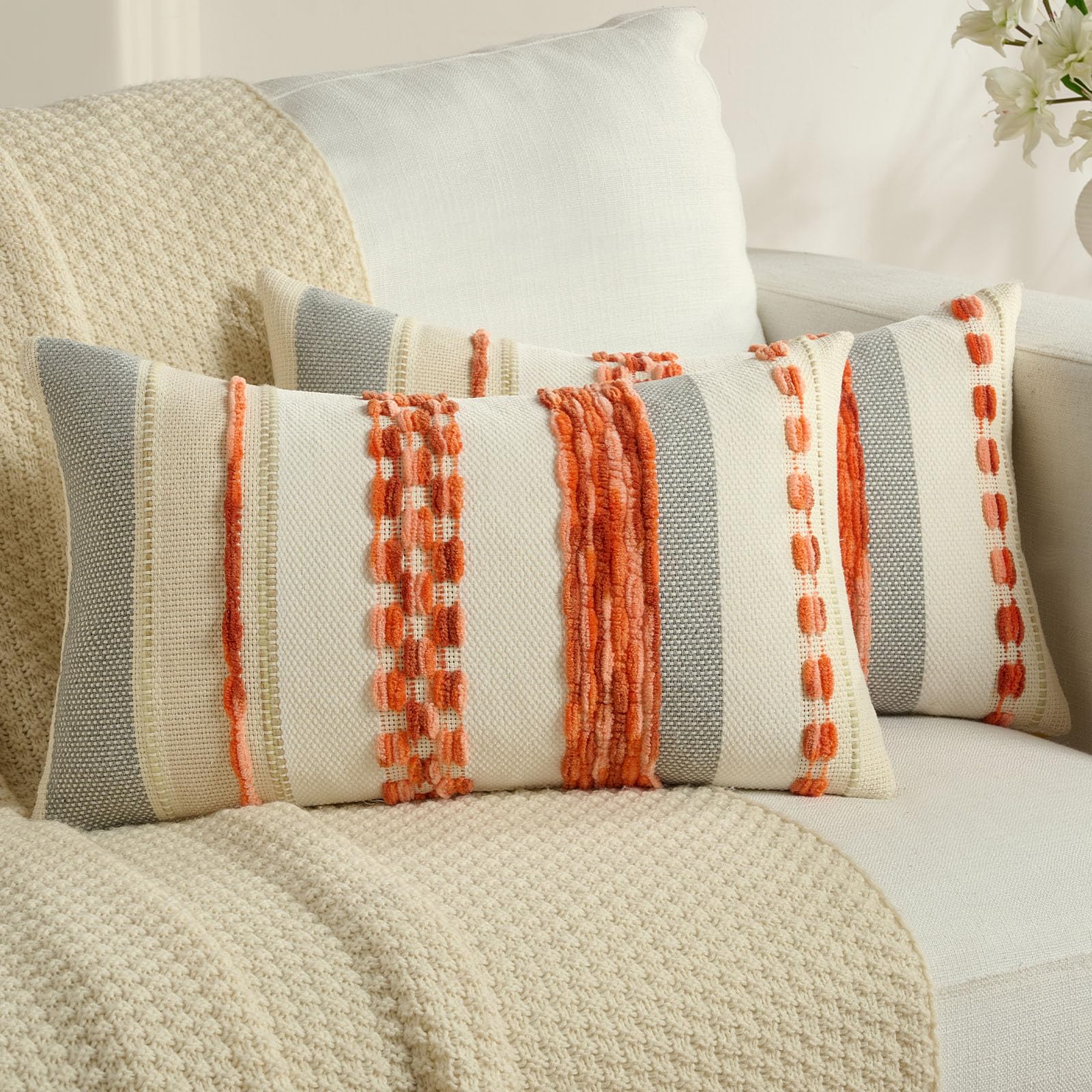 FUTEI Set of 2 Soft Chenille Tufted 30x50 cm Cushion Covers Colorful Striped Textured Scatter Pillowcase 30 x 50 cm Modern Boho Accent for Sofa Bed Living Room, Orange