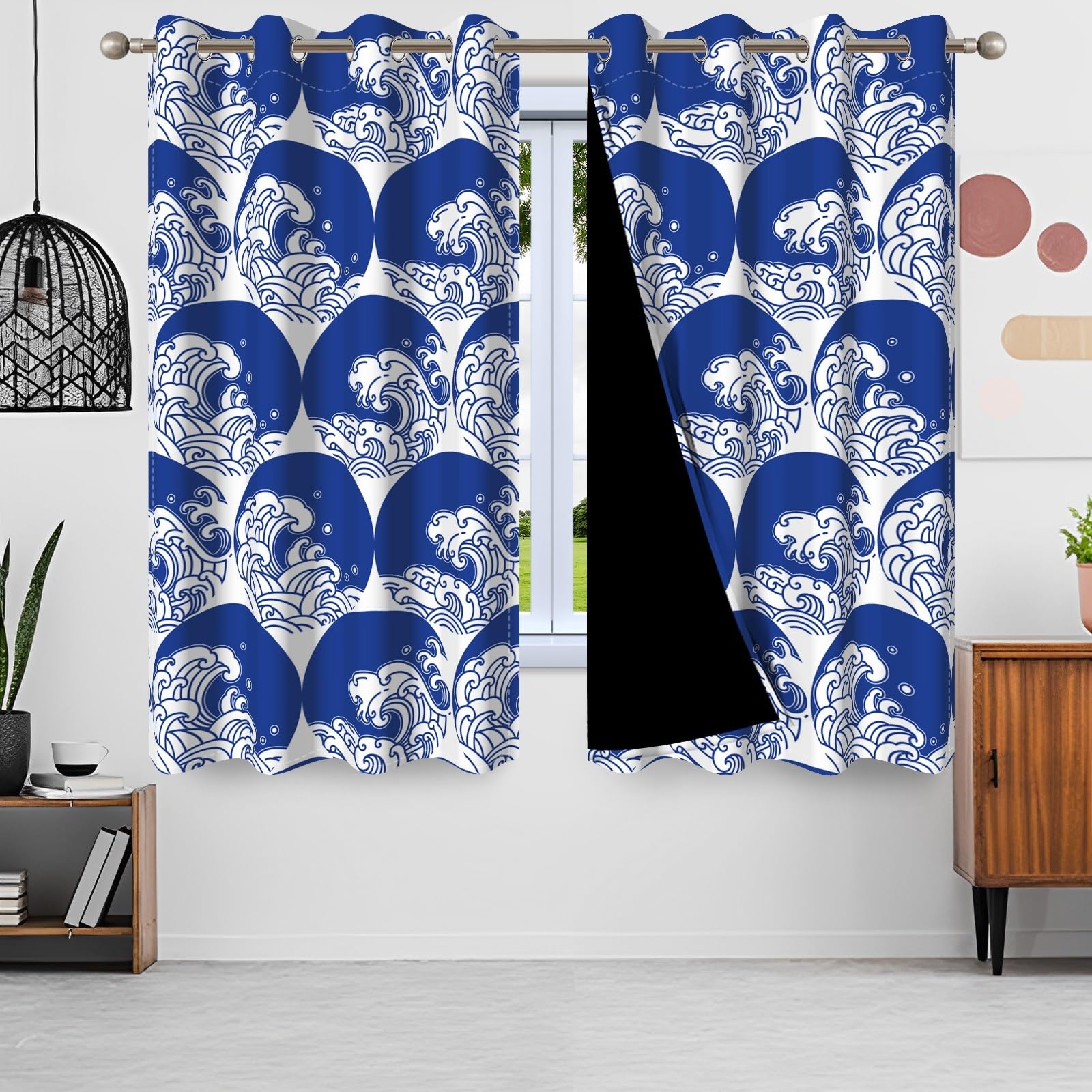 135x229cm Tenda oscurante a onde Navy Stile giapponese Surf Ocean Modello artistico Tende Isolamento termico per finestre occhielli per Soggiorno Camera da letto Sala da pranzo,2 Pannello