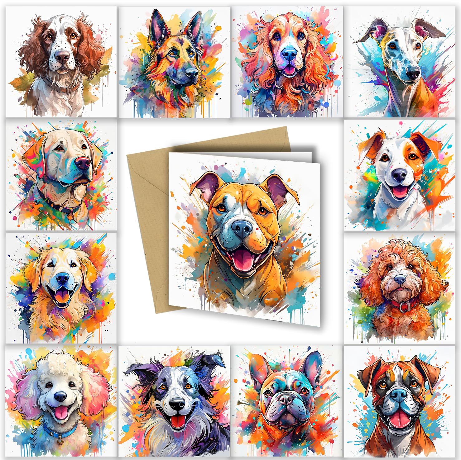 Dog Greeting Cards, Various Dogs, Watercolour & Pen, Ideal for Birthdays from the Dog Anniveraries, Get Well Cards