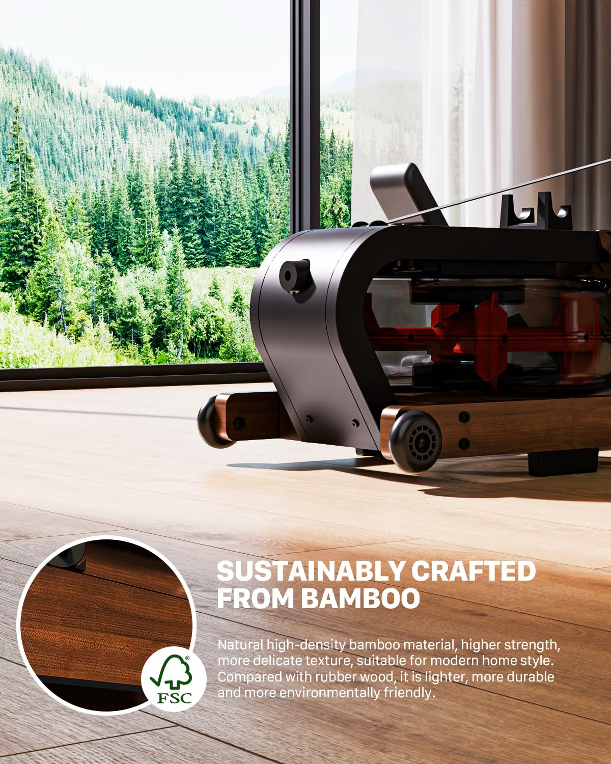 Vogatore ad Acqua Pieghevole per Casa in Legno di Bambù, Rematore Professionale Bluetooth Kinomap, Vogatore Salvaspazio Silenzioso con Monitor LCD, Supporto Tablet e Allenamento Total Body