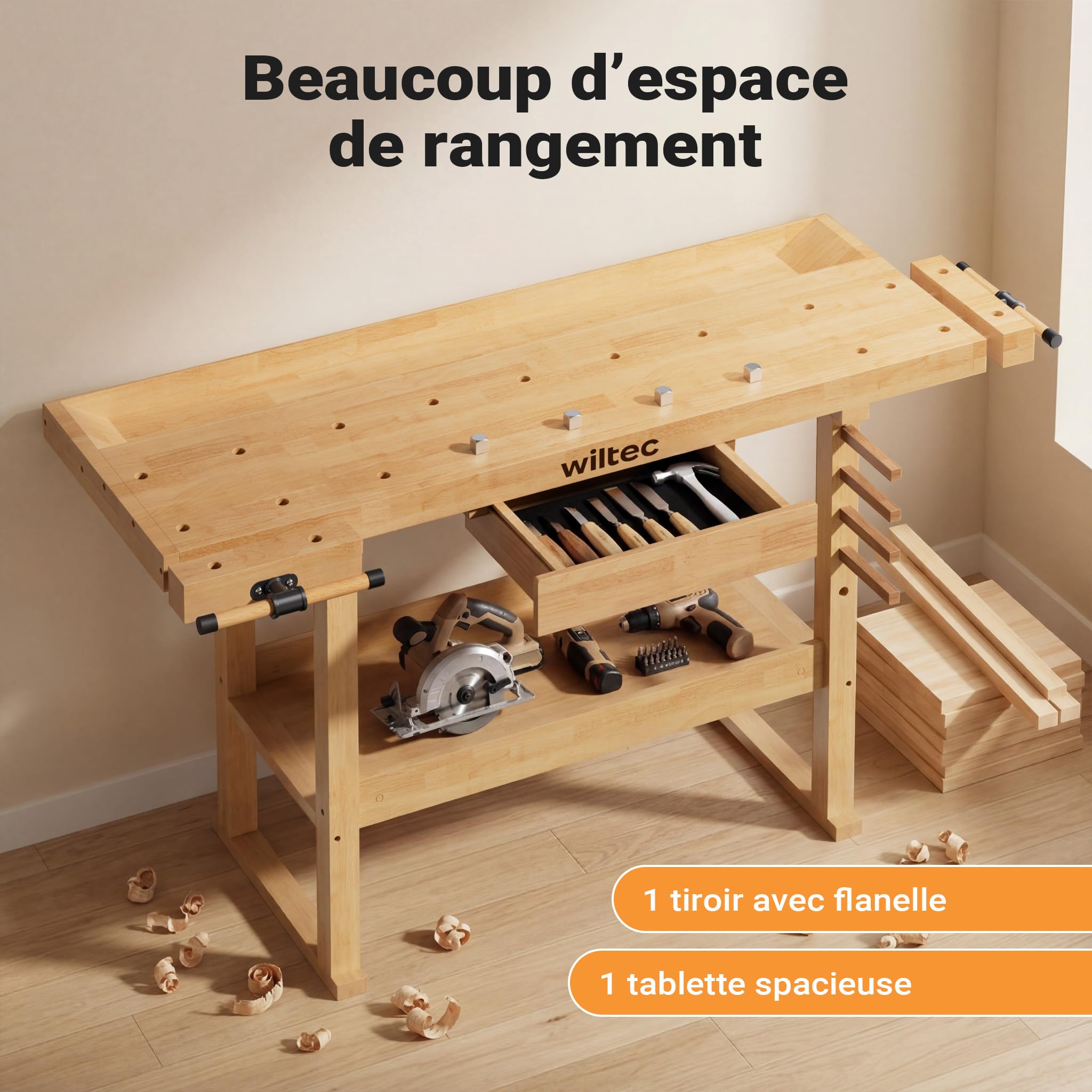 Wiltec Établi de Travail – en Hévéa/Rubberwood – 151 x 61,5 x 86 cm – avec Tiroir, Espace de Rangement, Pince et Crochet d’établi – pour aménagement, cousure – Banc de rabotage