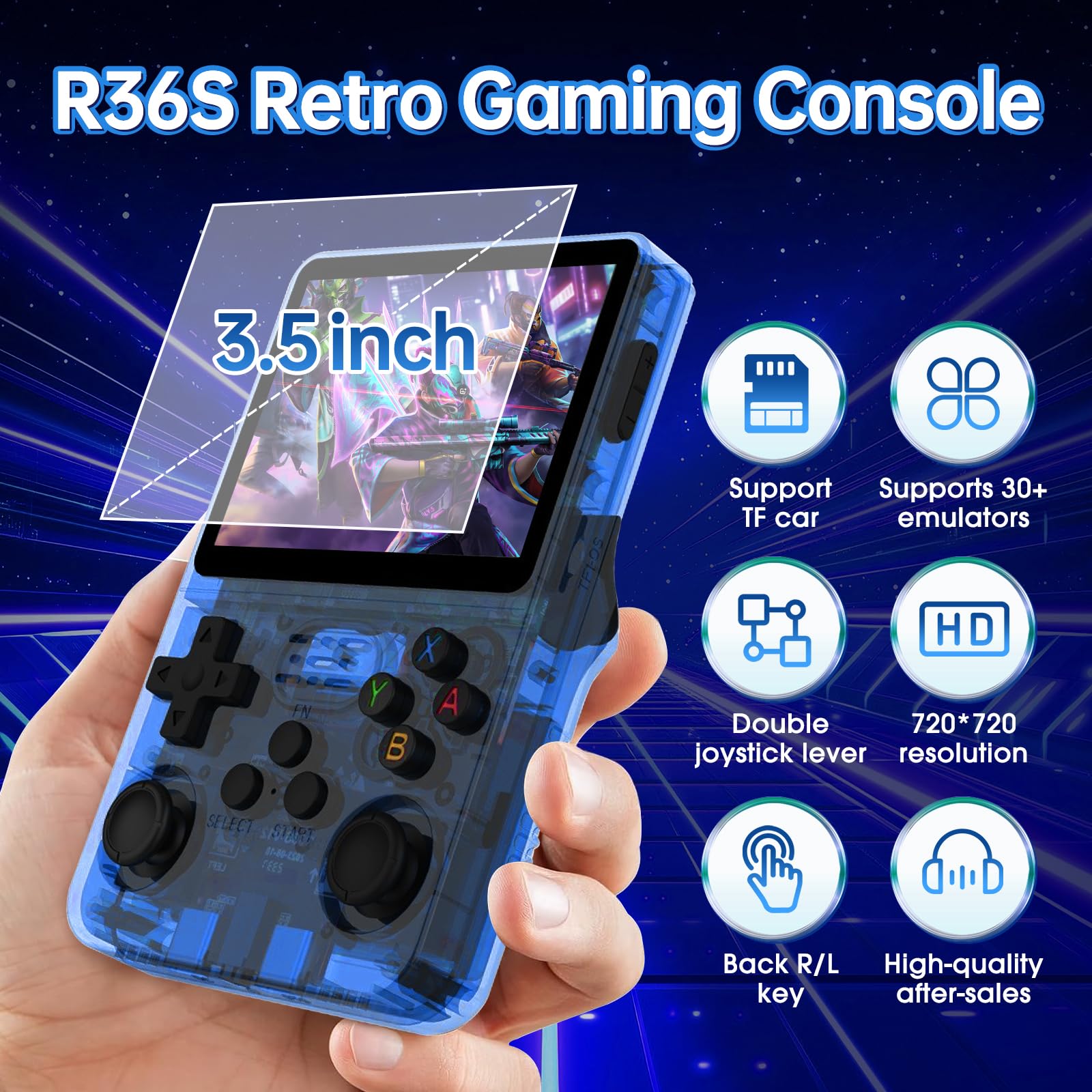 Febotak R36S - Console da gioco retrò portatile con schermo IPS da 3,5", 128 GB di memoria, oltre 40.000 giochi, basato su LINXU Open Source ARKOS, batteria da 3500 mAh (Blu scuro)