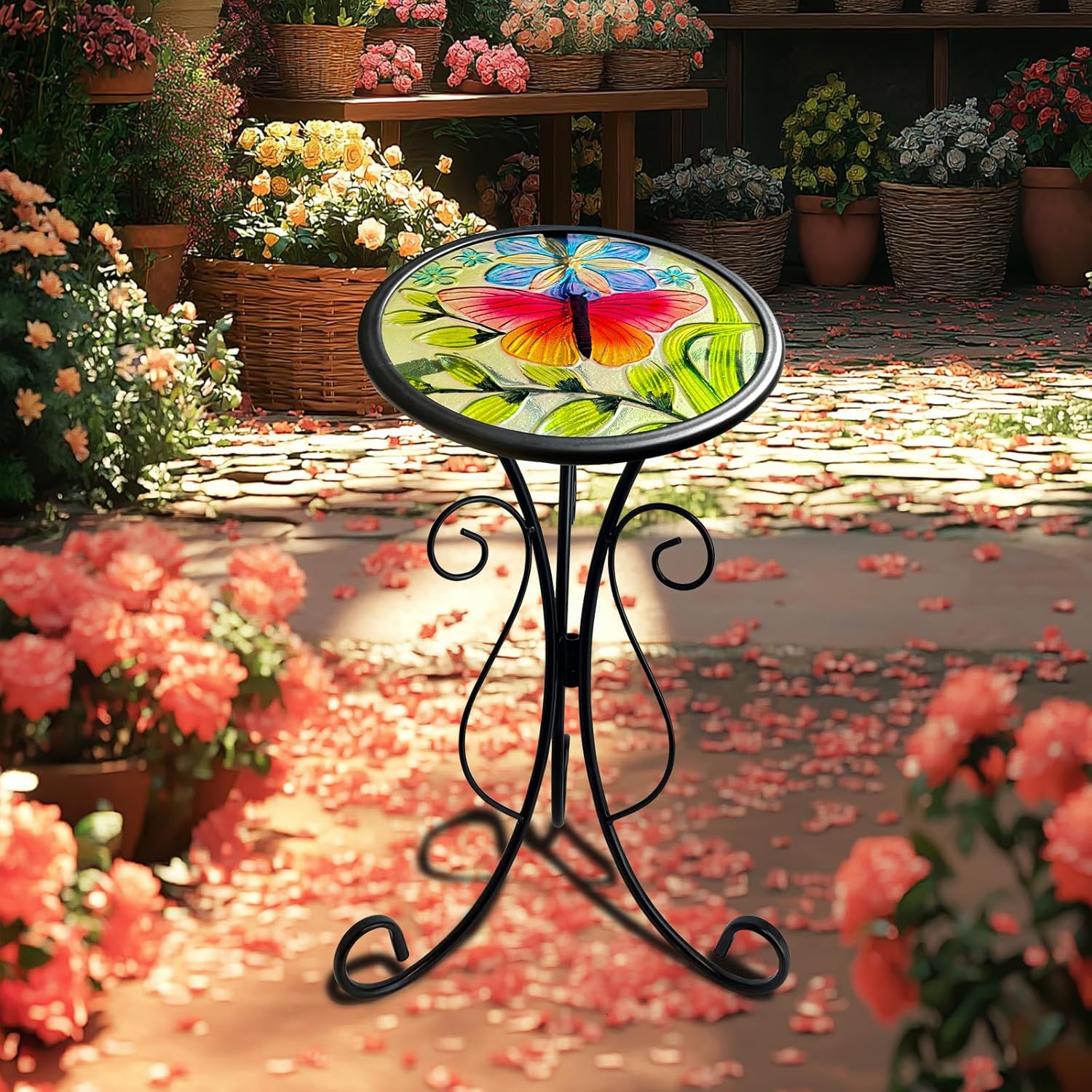 HONGLAND Outdoor Side Table, Small Outdoor Table, 12" Round Patio Side Table End Table, Glass Plant Stand, Small Bistro Coffee Table for Garden Patio Porch Living Room (Butterfly)