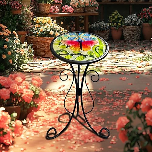 Miniatura 6 de HONGLAND Mesa auxiliar para exteriores, mesa pequeña para exteriores, mesa auxiliar redonda de 12 pulgadas, soporte para plantas de vidrio, mesa