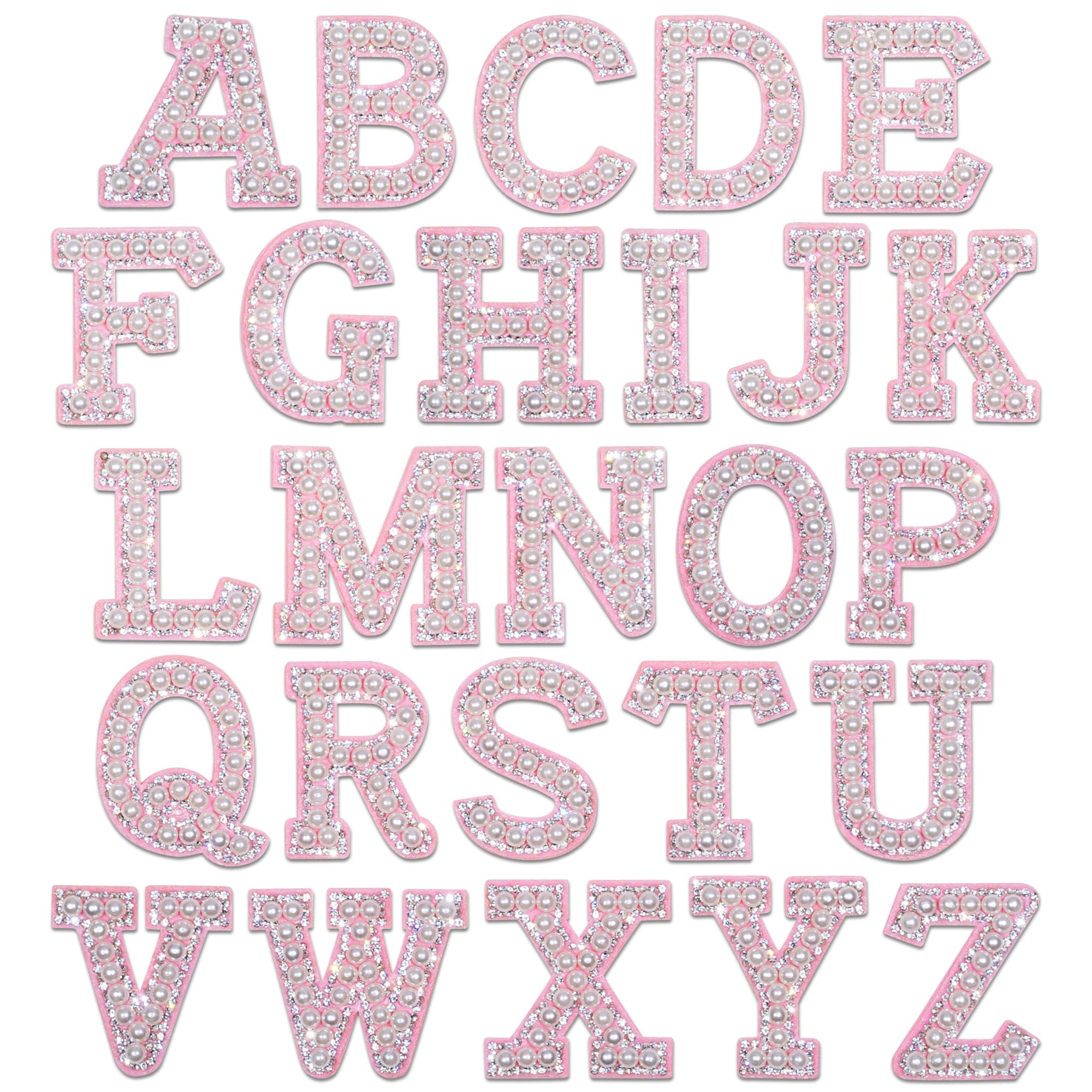 Iron On Patches, 52-Piece Iron On Letters for Clothing, Pink Pearl Rhinestones A-Z Alphabet Patches for Clothes, Backpacks, Jackets, Jeans