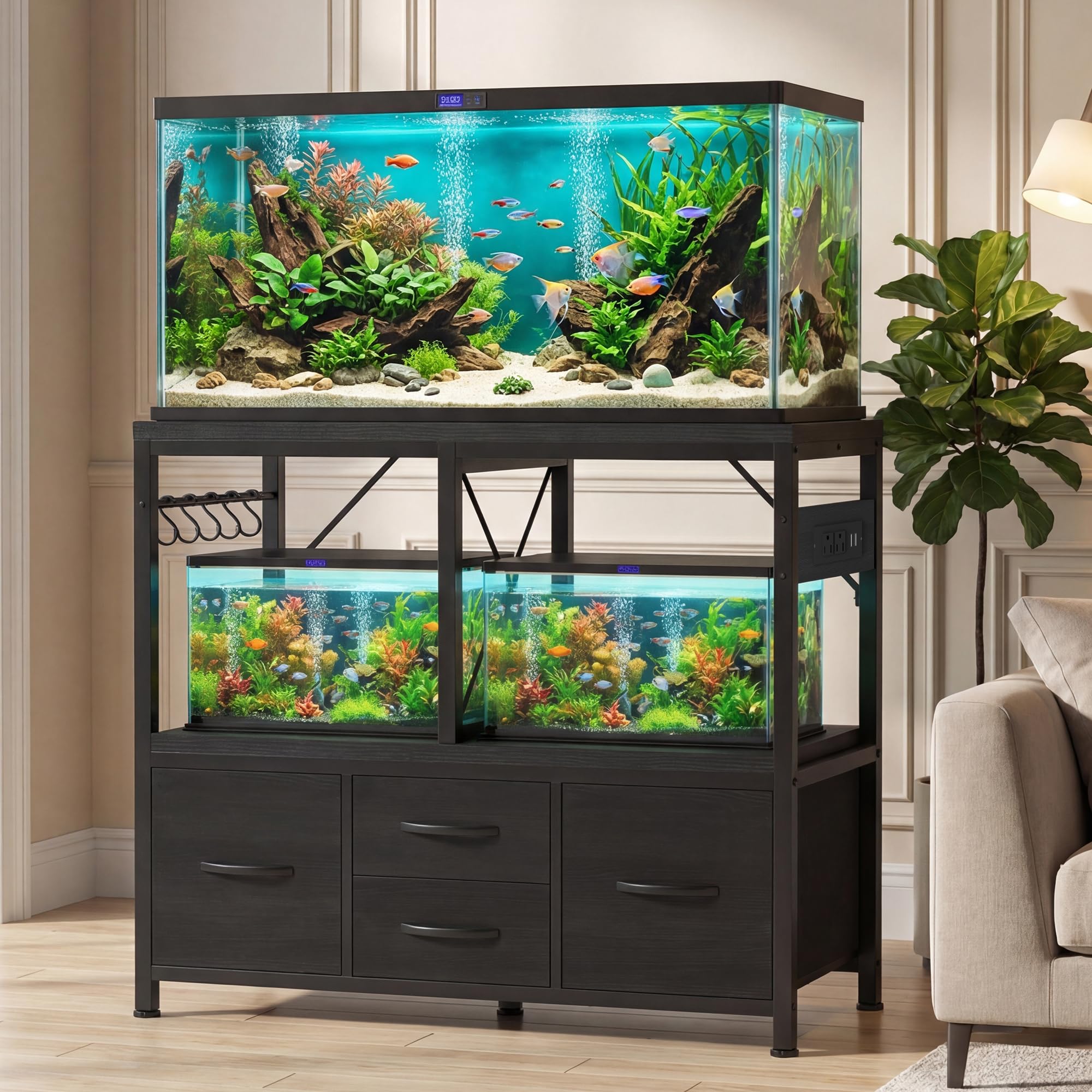 Heybly Supporto per acquario da 40-50 galloni, supporto per acquario con cassetto, presa di corrente, resistente, per acquario, terrario tartarughe e rettili, 91,9 cm di lunghezza x 46 cm di altezza