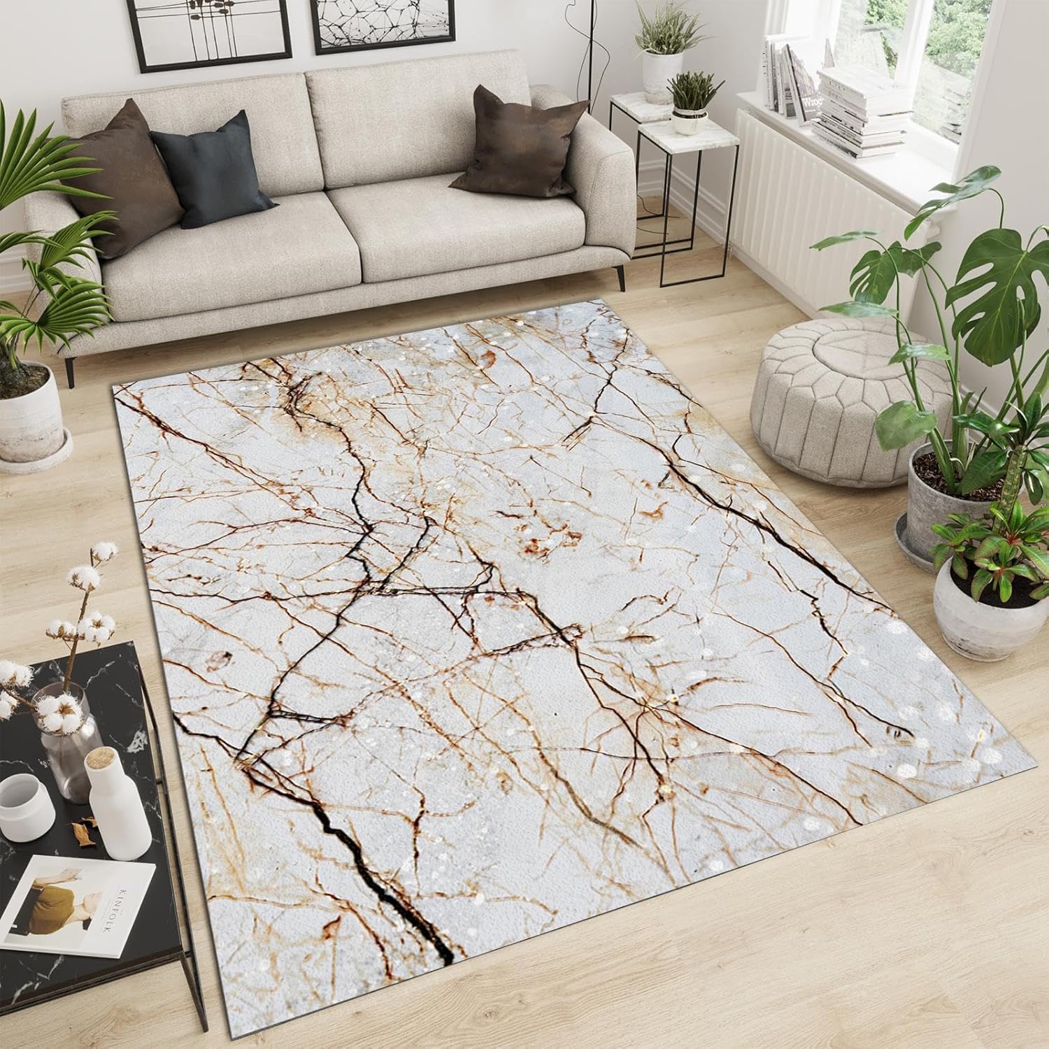 Marble Texture Cracks 2ftx3ft Area Rug, Abstract Brown Marble Crack Soft Washable Rug with Anti-Slip Backing for Living, Bedroom, Kitchen, Dining, Home, Laundry Rooms