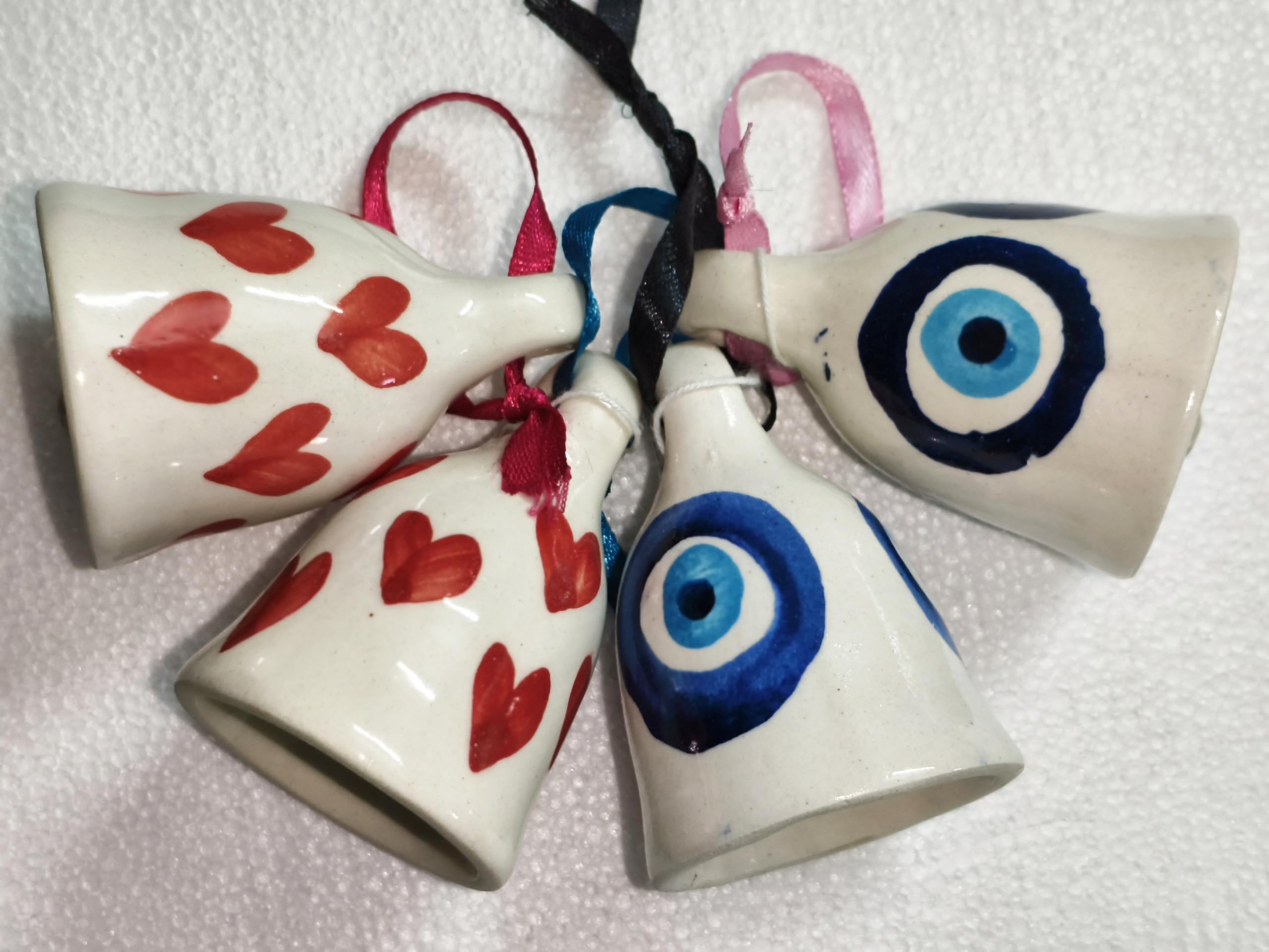 Shopping Shots Ceramic Bell 4 Pieces Evil Eye and Sweetheart Printed for Wall hangings, Wind chymes, Entry Gates, Home Decor, for puja, for Gardens.-image-28