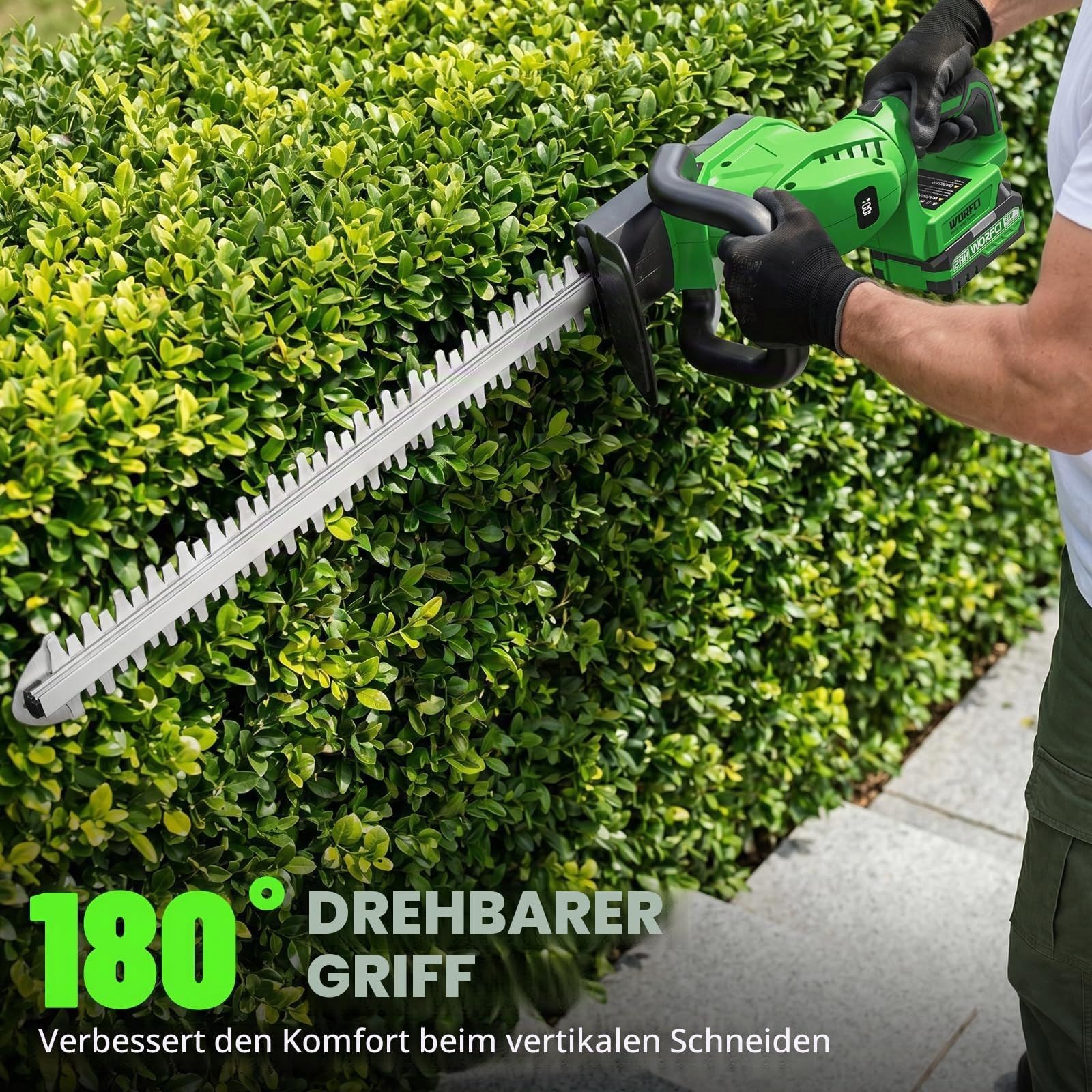 20 Zoll Akku-Heckenschere (inklusive 2 Akkus und Ladegerät), Elektrischer Hand-Bush-Trimmer, 180° drehbarer Griff, Grasstrauchschneider, Leicht & Kompakt Grün