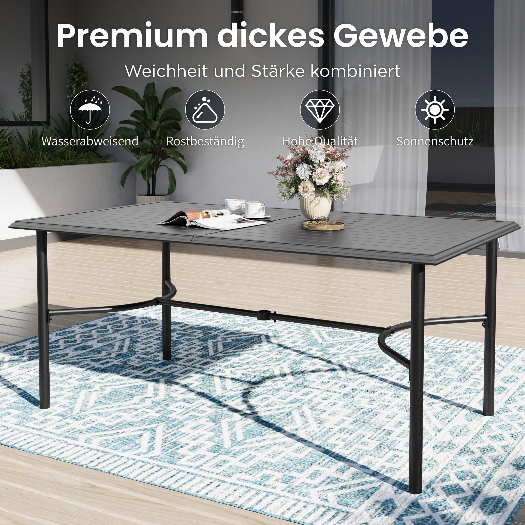 PHI VILLA Gartentisch mit Stühlen Garten Sitzgruppe mit 6 x Braune Textilene-Esszimmerstühle Schwarzer Rechteckiger Metall-Esstisch für Terrasse, Deck, Hof, Bistro