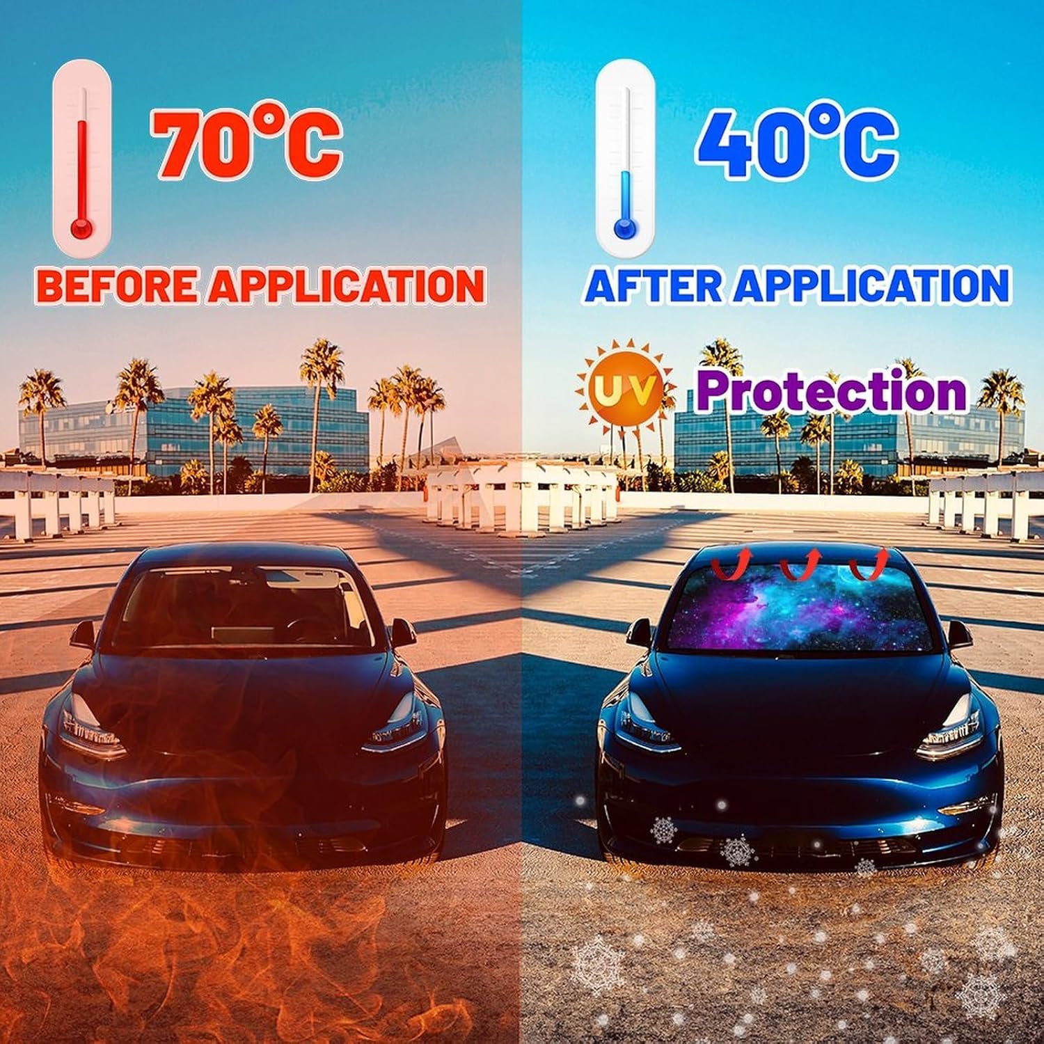 CHILLTEK Funny Car Windshield Sun Shade, Purple Starry Nights Car Sun Shade, Block UV Rays Heat Foldable Windshield Umbrella Sun Visor Protector - Keep Vehicle Cool for Cars SUV