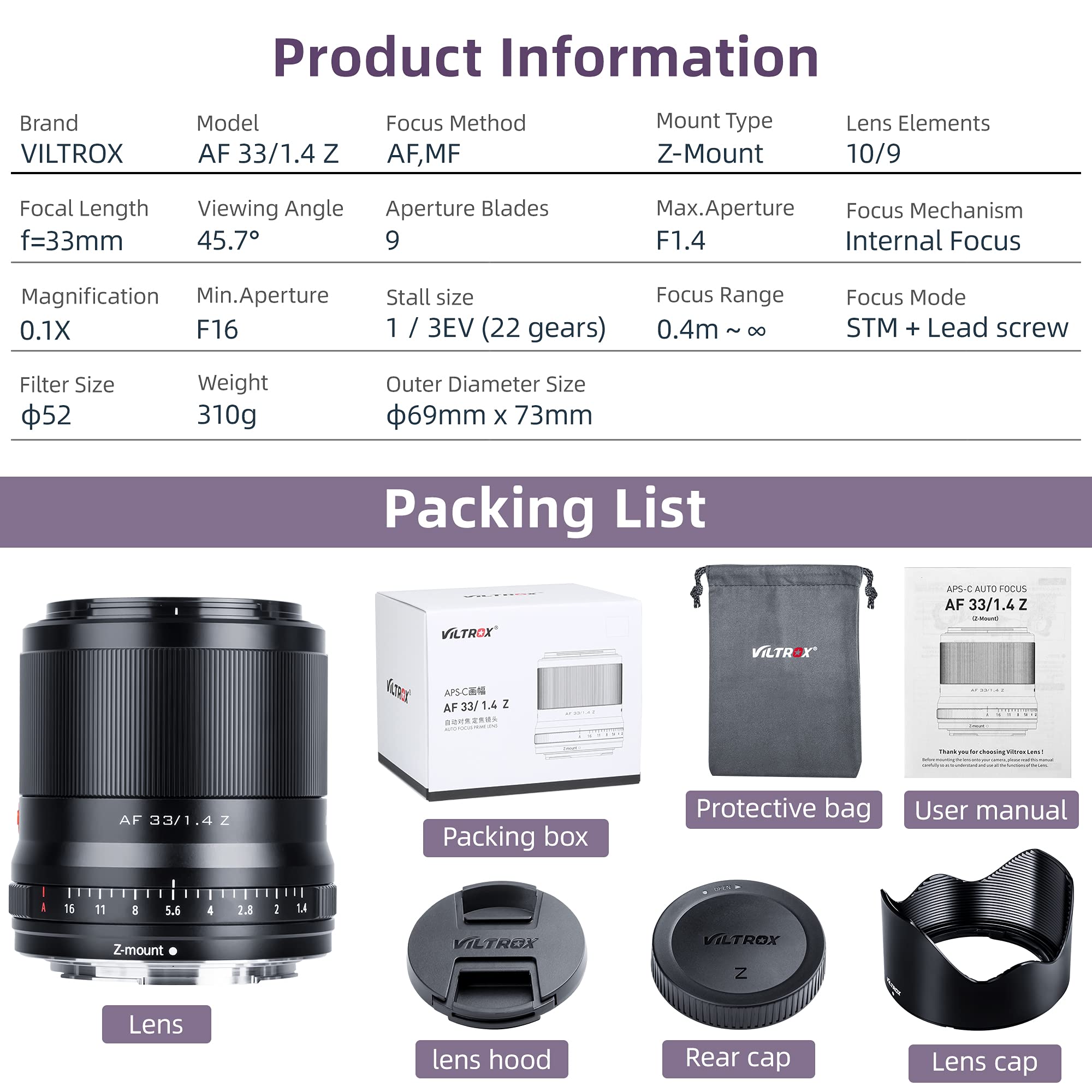 VILTROX 33mm F1.4 Z APS-C Obiettivo Messa a fuoco automatica con motore STM Supporto Eye-AF Z Mount Obiettivo per fotocamera Nikon Zfc Modello Z5 Z6 Z7 Z50 Z6Ⅱ Z7Ⅱ