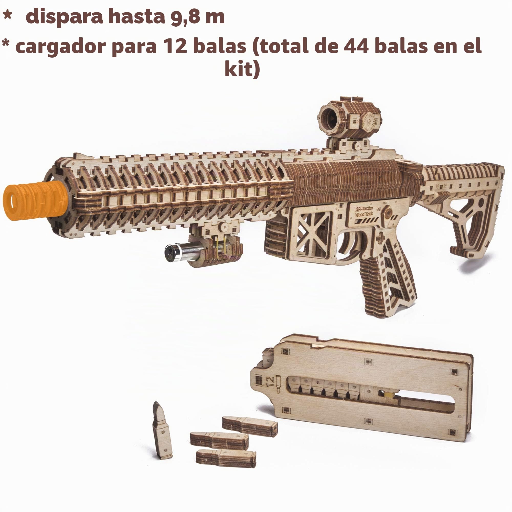 Wood Trick Assault Gun AR-T Kit de modelo para adultos para construir, con culata telescópica, fusible, mira y cargador desmontable para 12 rondas - Construcción detallada - Rompecabezas de madera