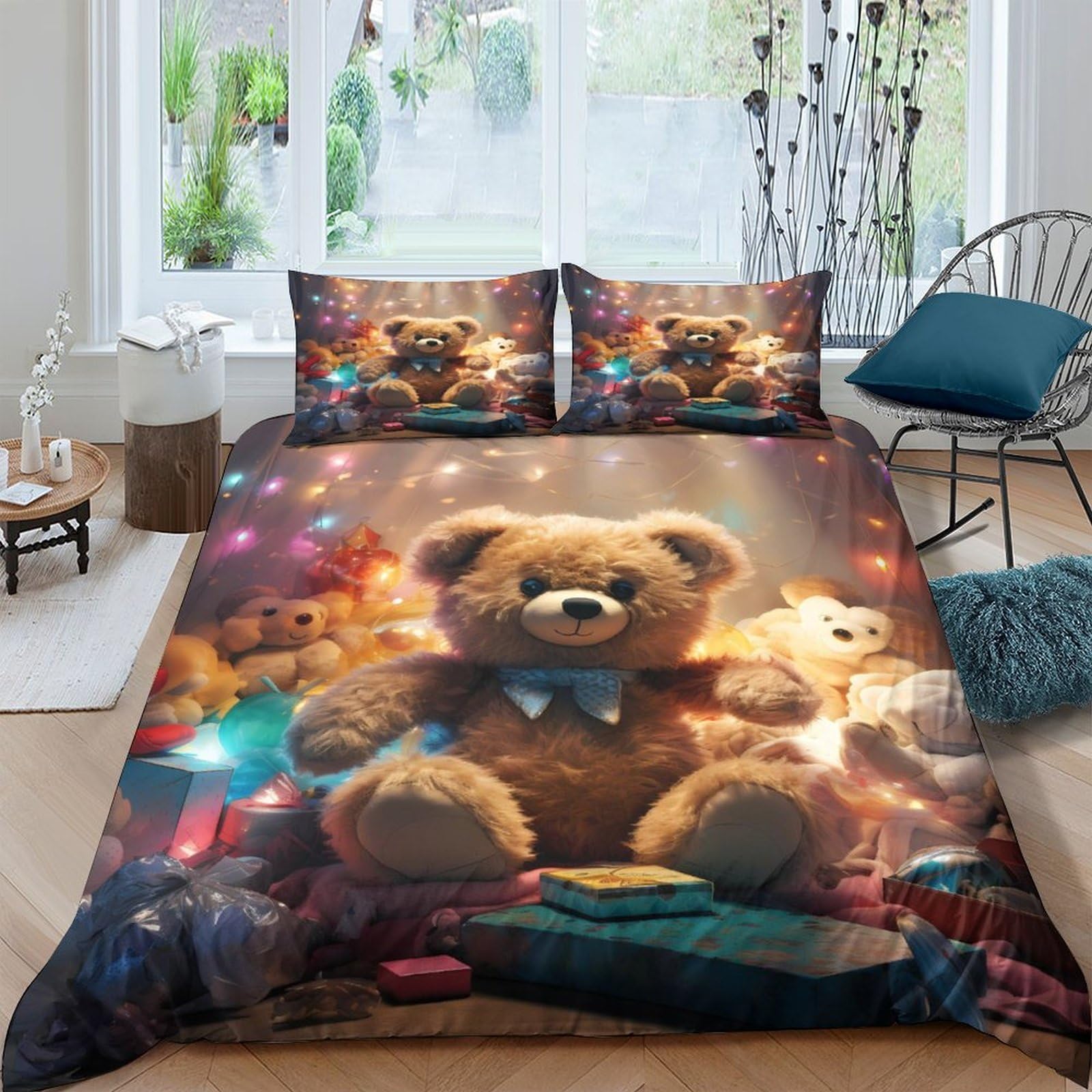 GPLZQXKJNH 3D Printed Teddy Bear Duvet Cover Set Microfiber Soft Breathable Fairy Lights Quilt Cover with 2 Pillowcases for Bedroom Single（135x200cm）