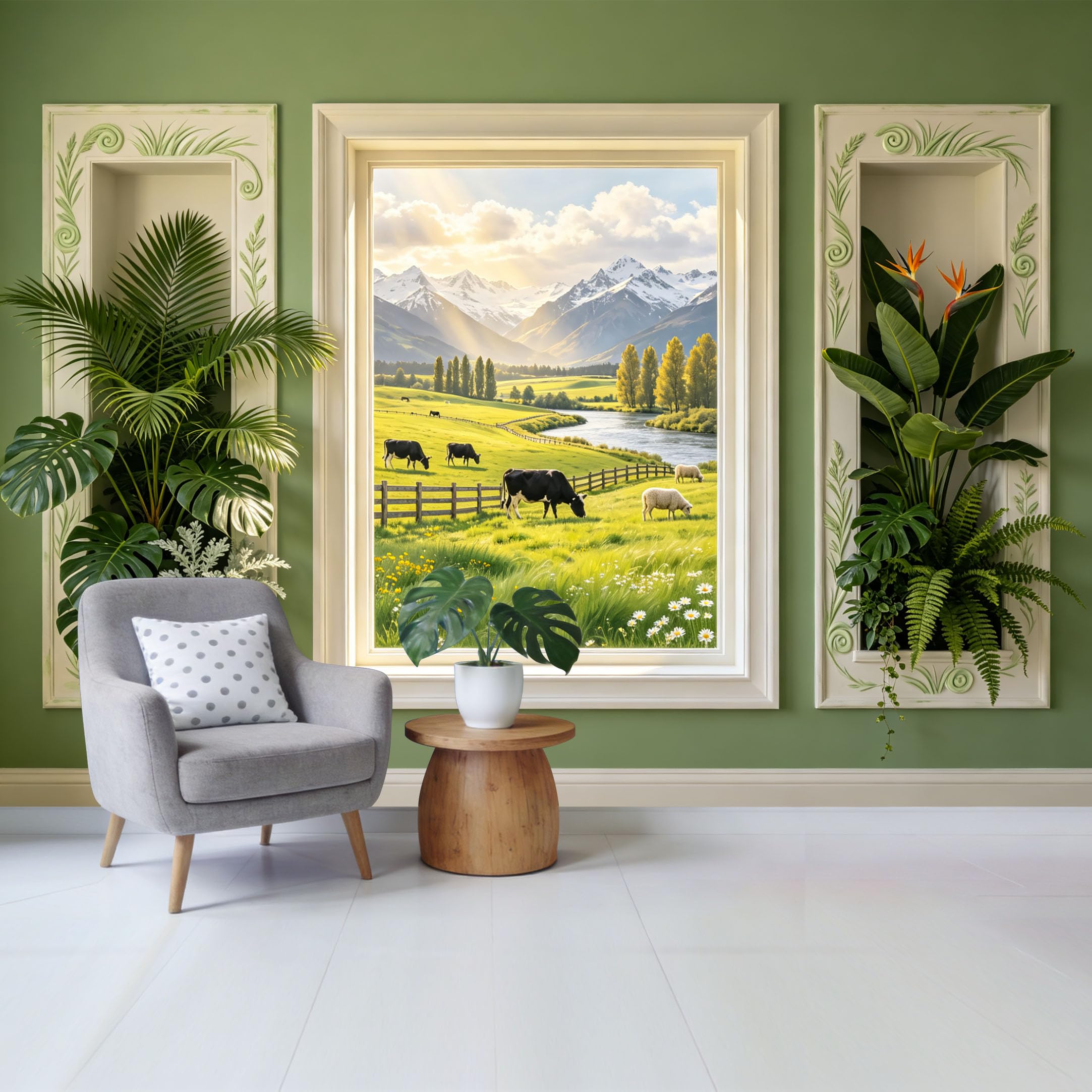 Custom Size Wall Mural Mountain Lake Pastoral Landscape Green Meadow Cattle River Valley Sunlight View Removable Self Adhesive Fabric Home Wall Decor for Living Room Bedroom Bathroom
