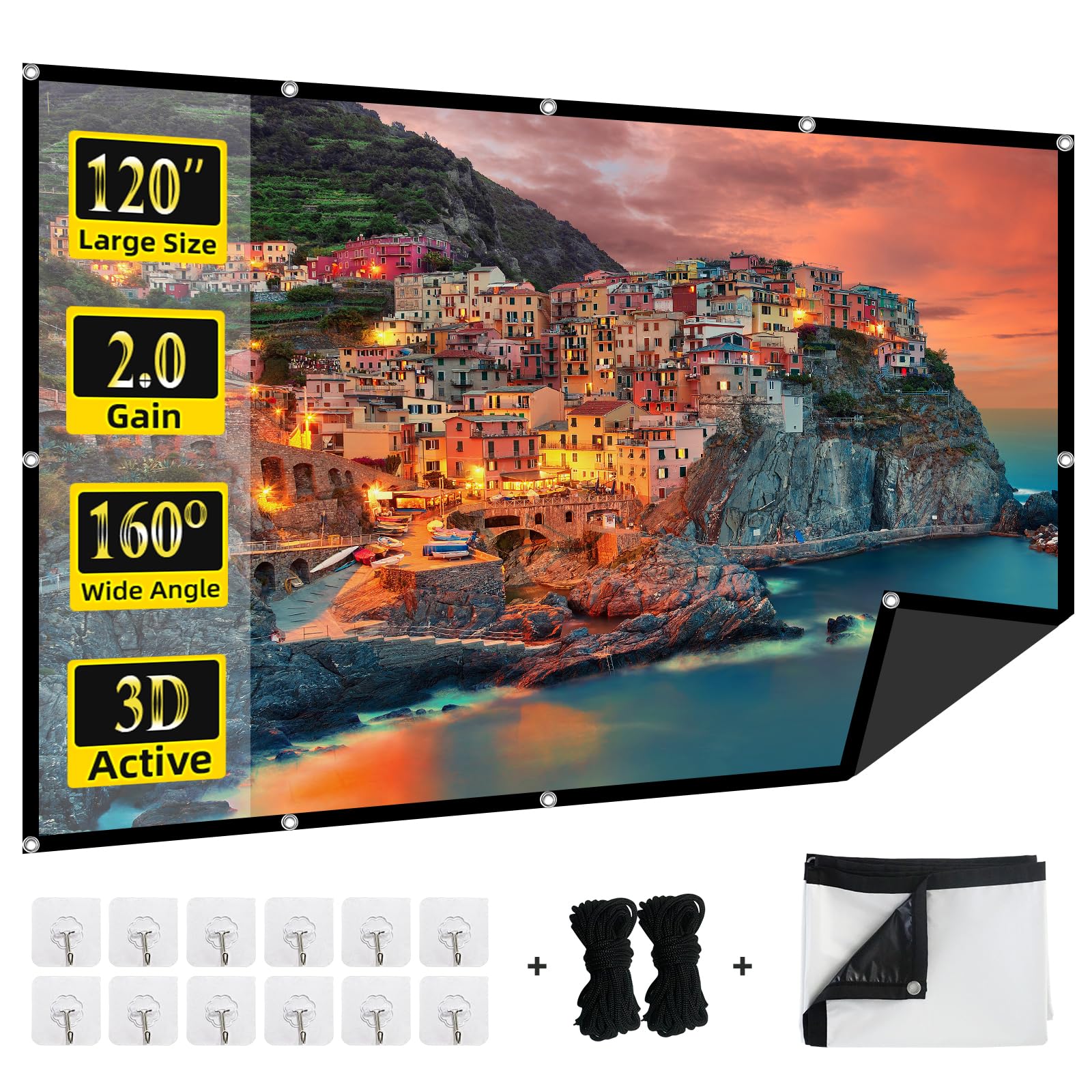 120in Projector Screen XINLEMY Anti-Light Projection Screen 4K HD White High Gain Movie Screen with 160deg View Angle Indoor Back Absorbs Light Fast Setup for Home Theater Family Party