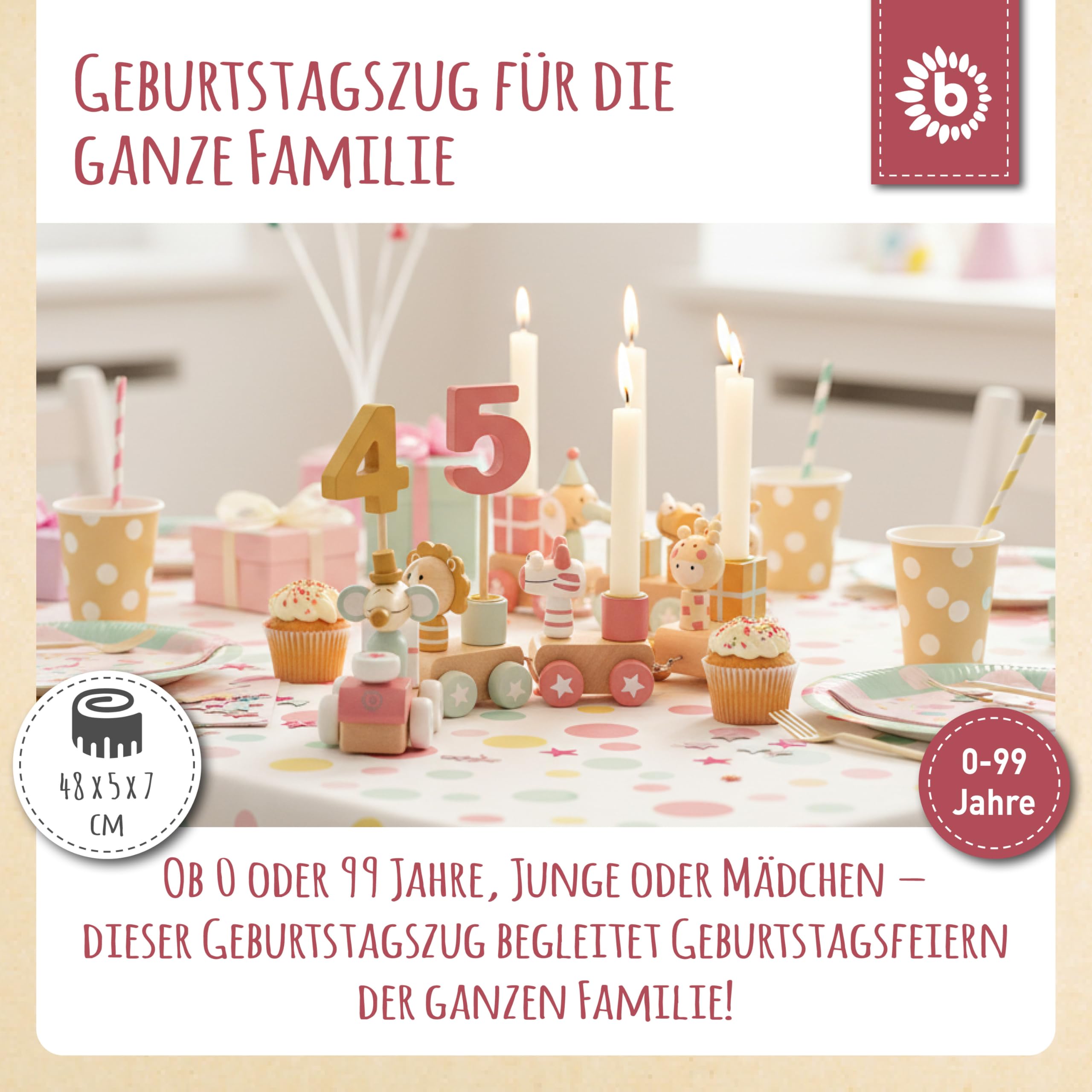 Bieco Geburtstagszug Holz - Berry Look 0-99 Jahre - Junge - Mädchen 1 geburtstag Geburtstagsring Geburtstagsteller Geburtstagskranz Kerzen Geburtstagskerze