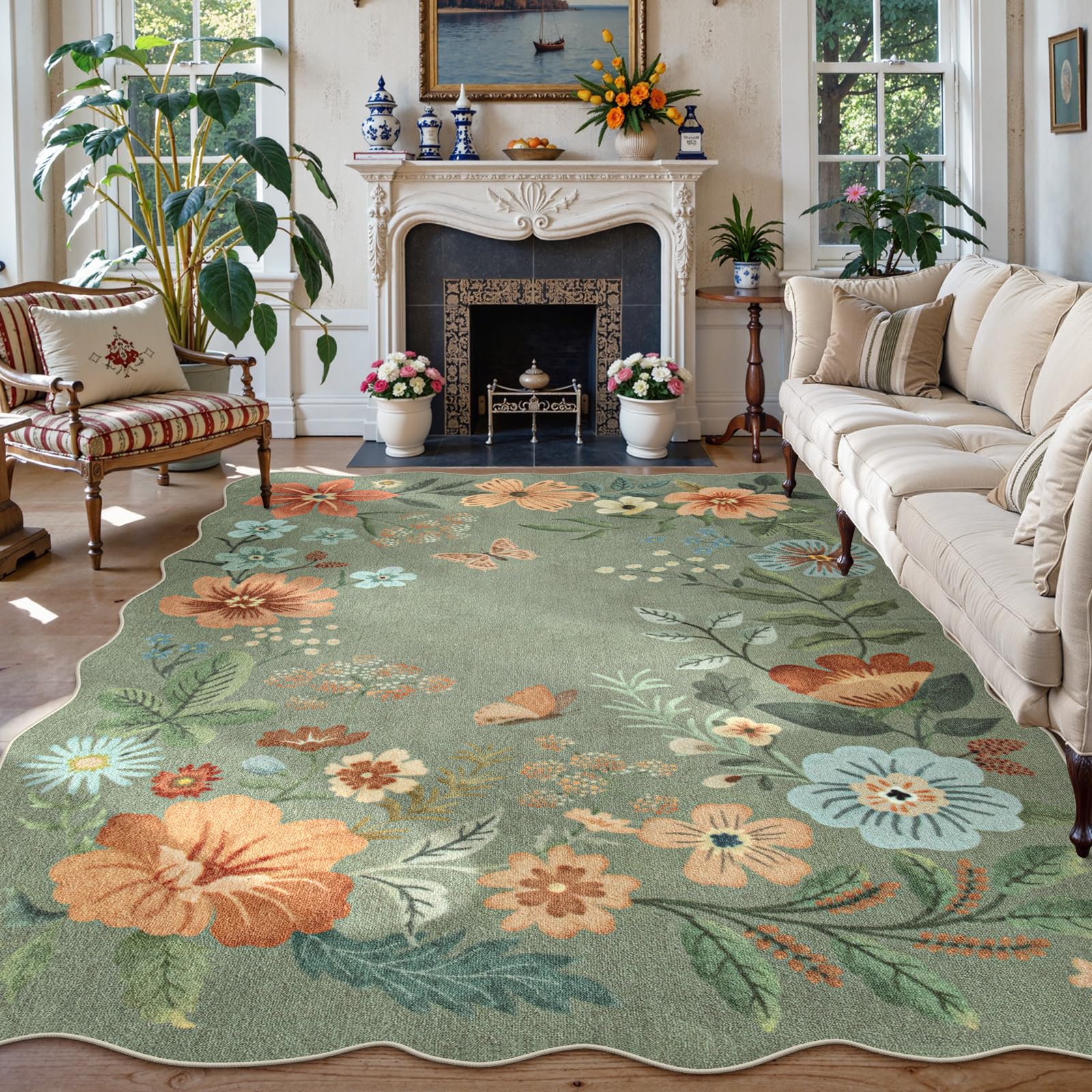 Lahome Floral 9x12 Area Rugs for Living Room Bedroom, Soft Washable Rugs 9x12 Stain Resistant, Ultra-Thin Non-Slip Boho Dining Room Rug Non-Shedding