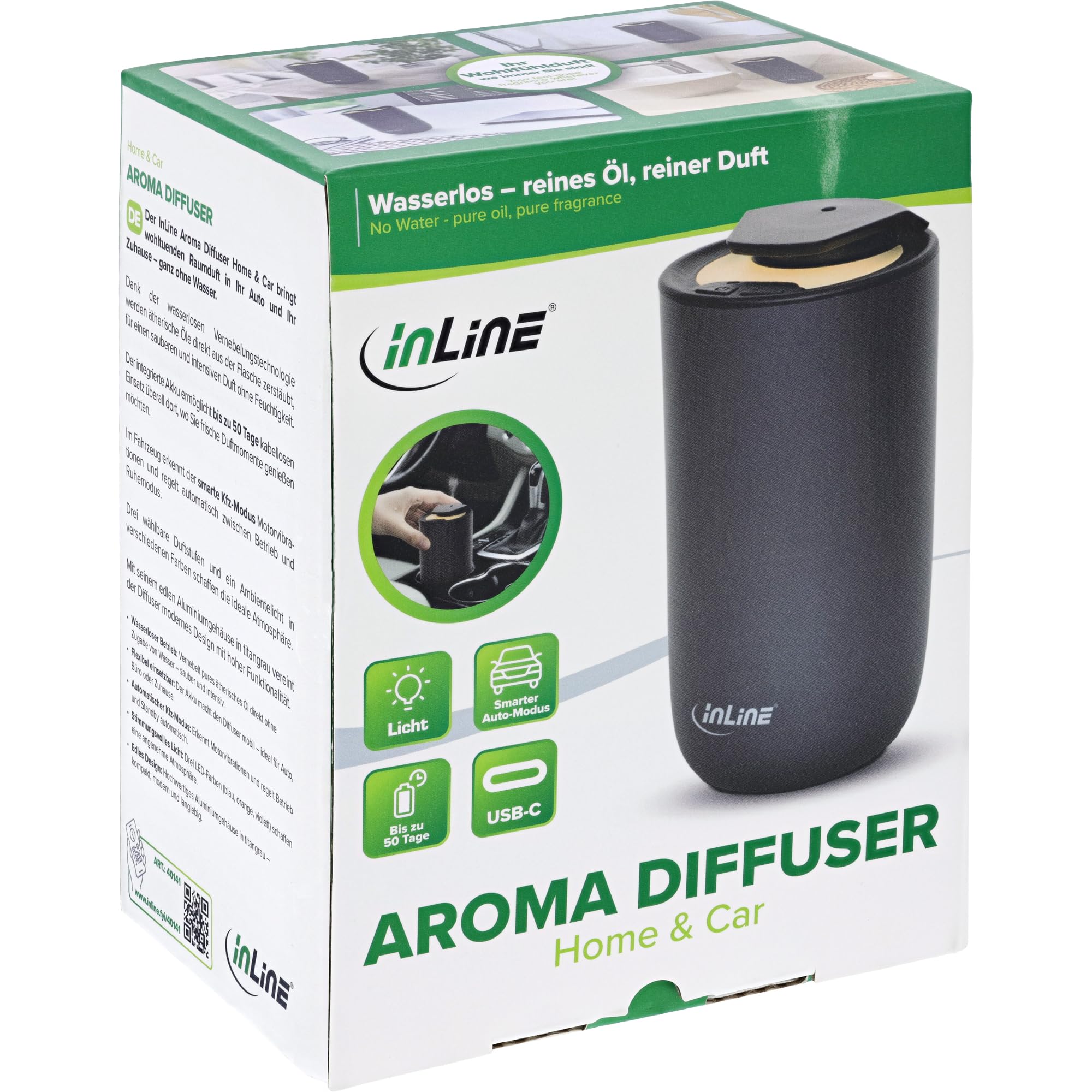 Inline Aroma Diffuser für Auto & Zuhause, wasserlos, mit Ambientelicht, Akku, Aluminiumgehäuse, titangrau, für ätherische Öle, Lufterfrischer, 40141, Anthrazit