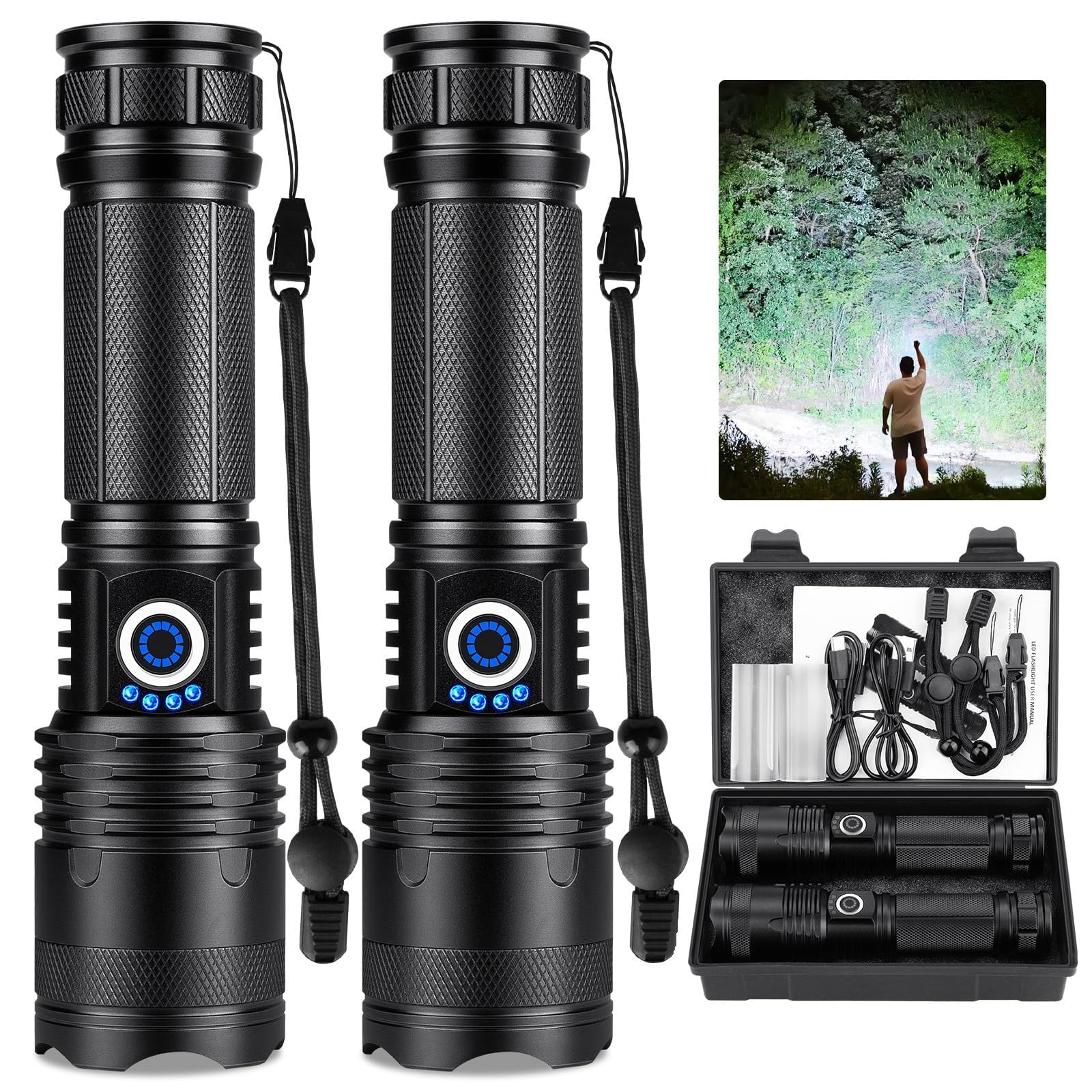 Rechargeable Flashlights 99000 High Lumens 2 Pack, Led Super Bright Flashlight with 5 Modes & IPX7 Waterproof, 15H Running Time, High Powered Flash