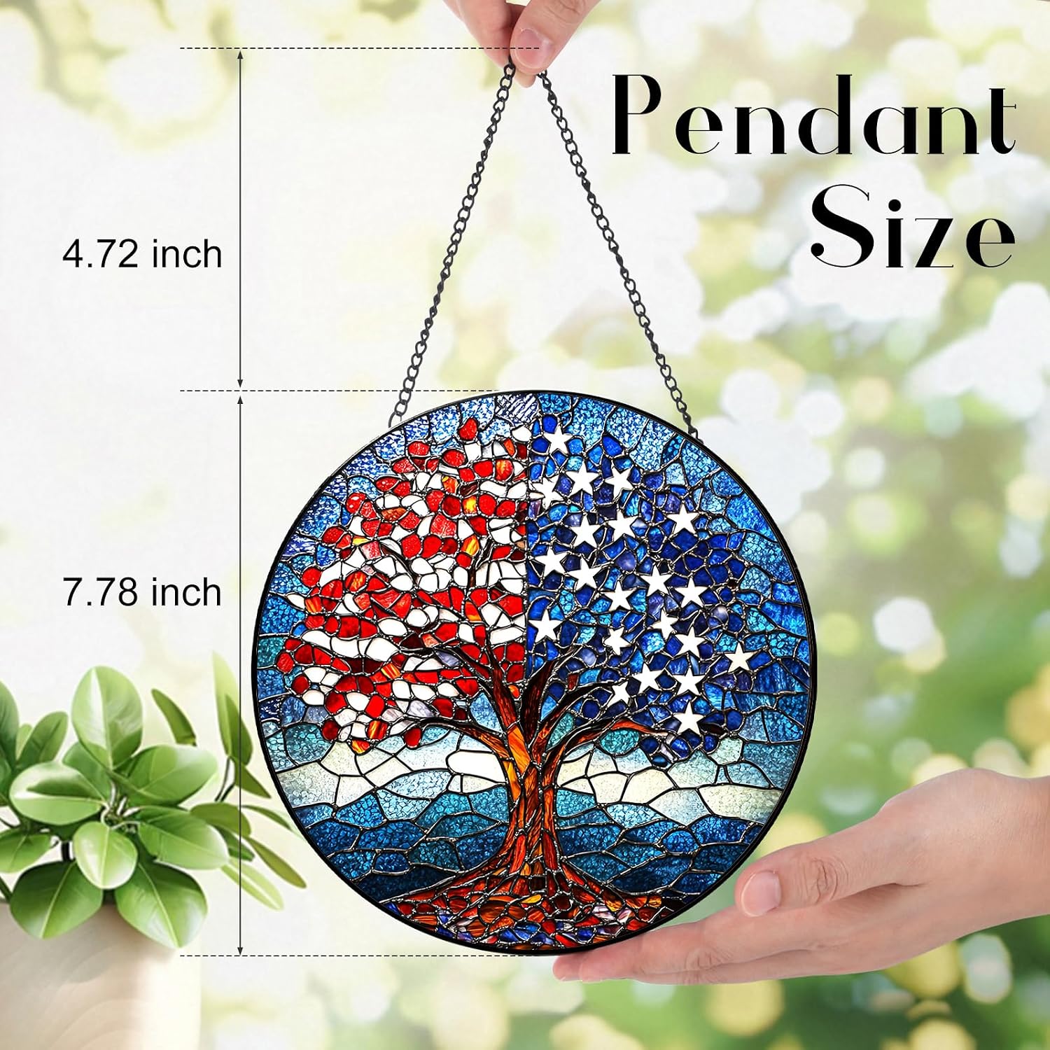Stained Glass Suncatcher - 7.9" American Flag Tree Window Hanging, Patriotic Star and Leaf Decor, Genuine Glass Gift for Veterans, Military Families & Americana Homes