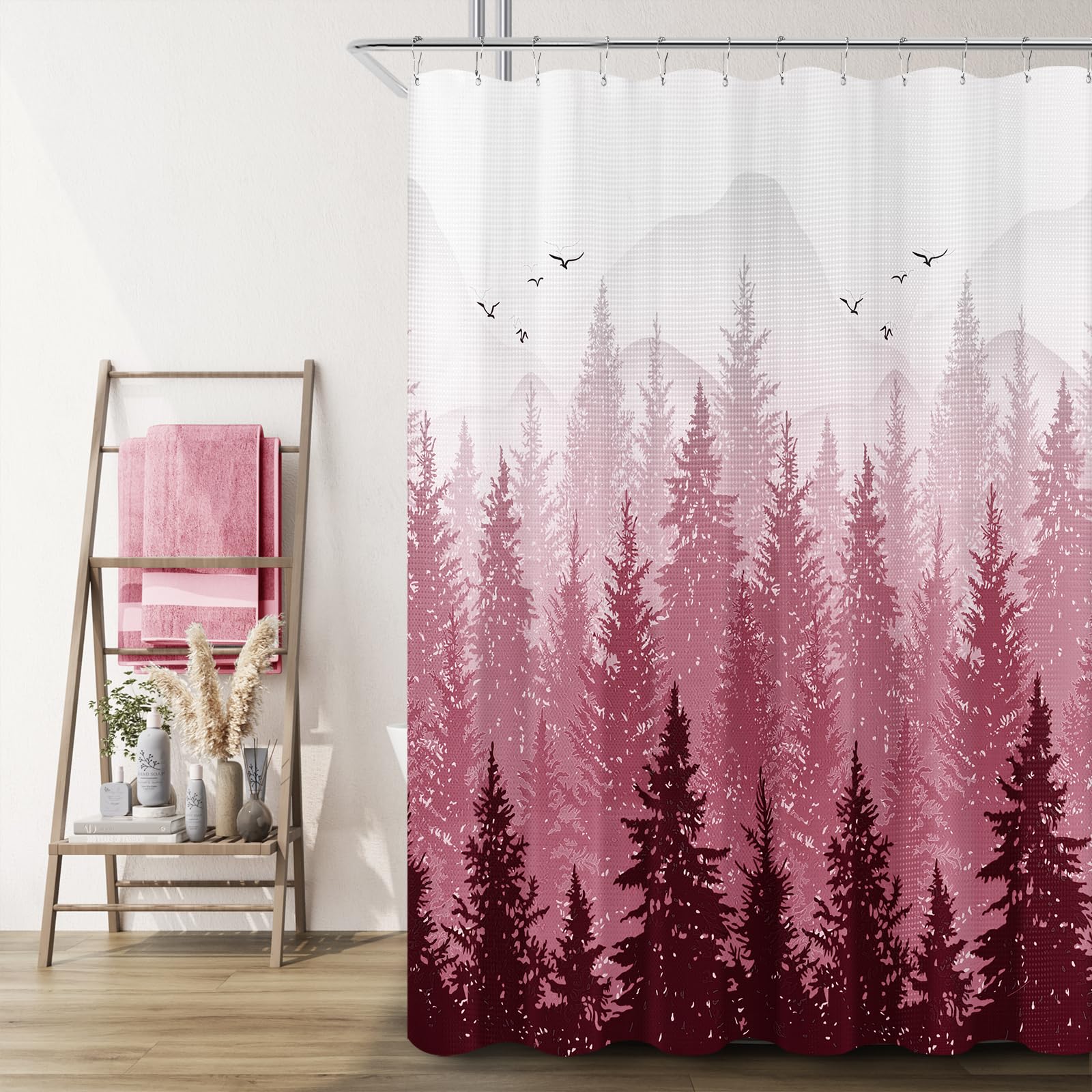 Hokibero Burgundy Misty Forest Mountain Nature Tree Fabric Shower Curtains for Bathroom Waterproof Heavy Duty Green and White Woohitedland Shower Curtain Bathtubs Hotel, 72 x 78 inch