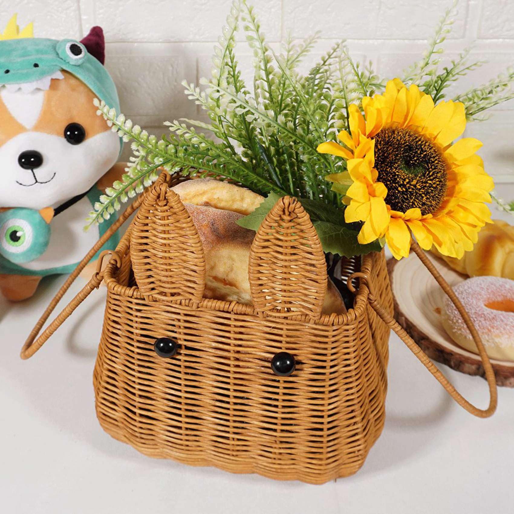 3X Cesto in Rattan con Manico, Cestino per Uova, Fiore Intrecciato, Ragazza, Pane, Frutta, Verdura, Cestino da Picnic in Vimini