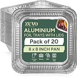 Zuvo Formas de alumínio de 20 x 20 cm (pacote com 20 - com tampas) – Assadeiras descartáveis fortes para cozinhar, assar, congelar e preparar refeições